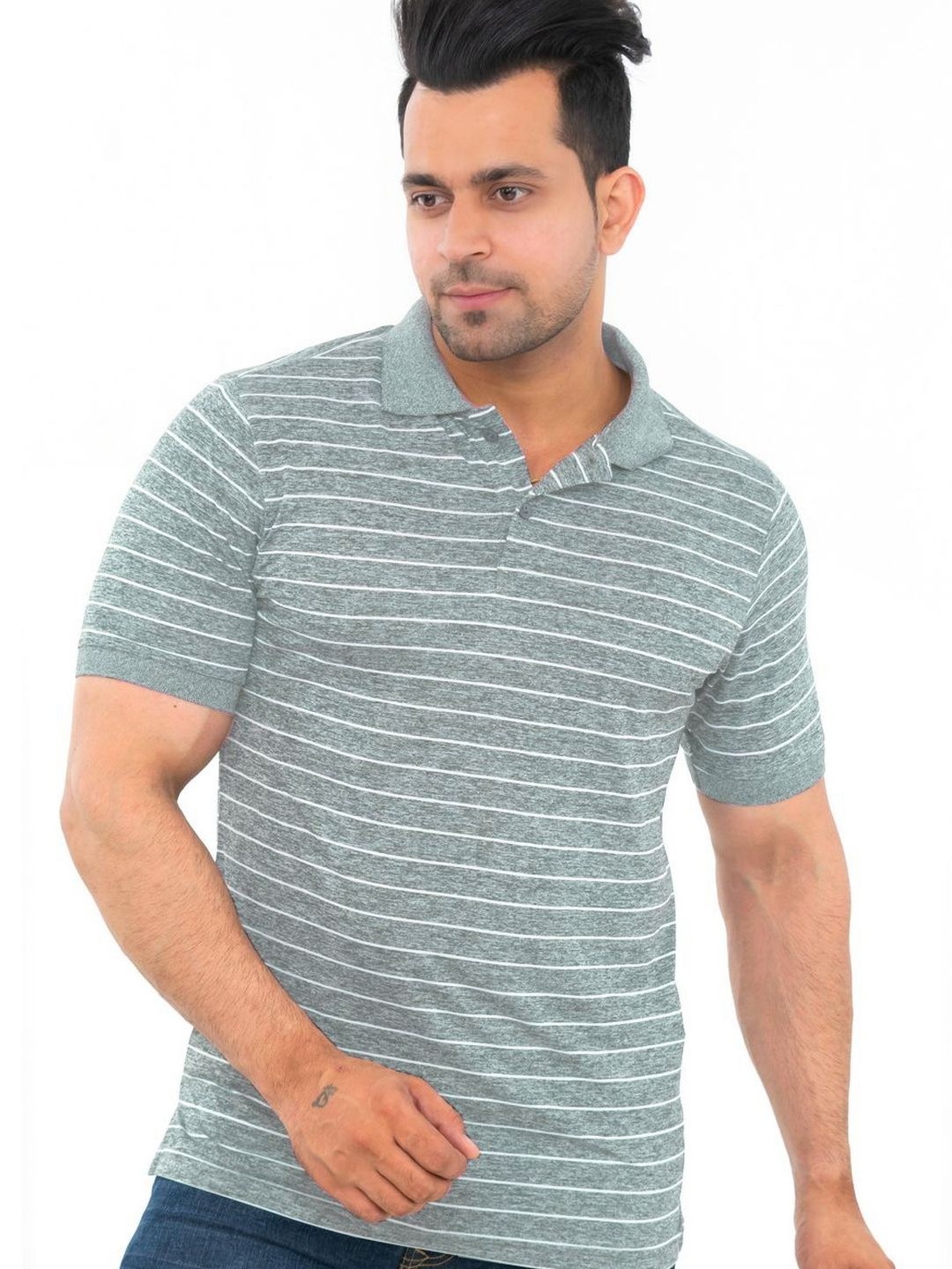 

Bishop Cotton Men Striped Polo Collar Pockets T-shirt, Grey