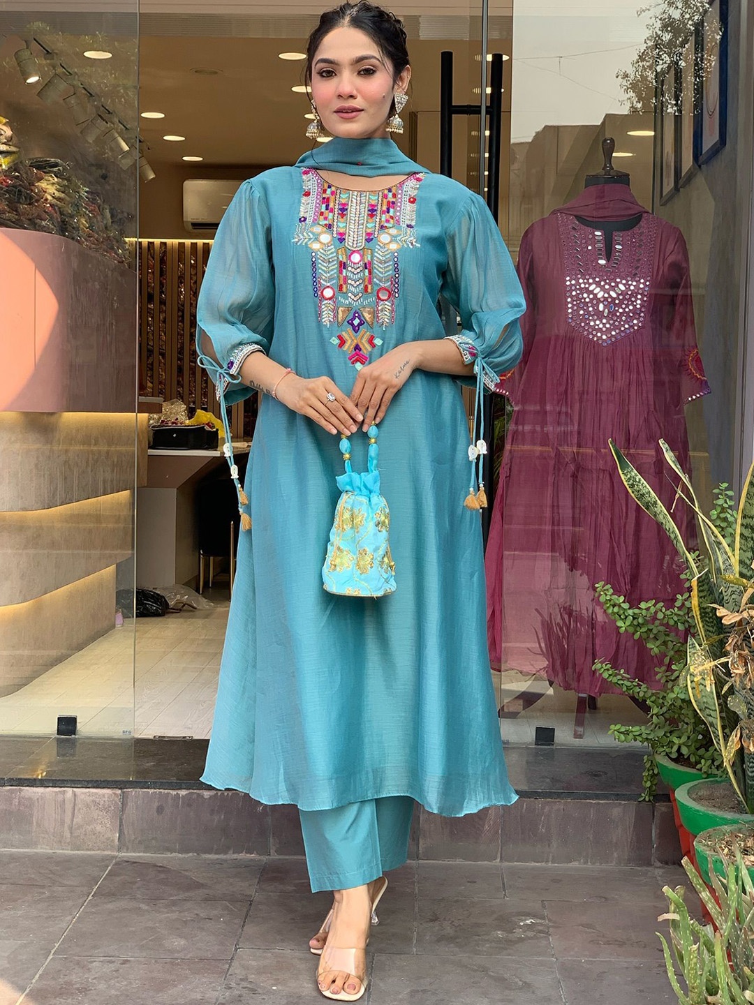 

KALINI Women Floral Yoke Design Regular Mirror Work Chanderi Silk Kurta with Trousers & With Dupatta, Blue