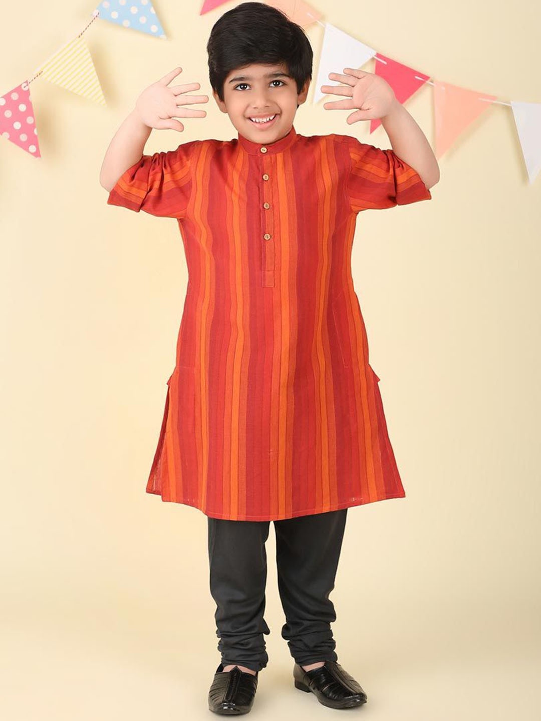 

Fabindia Boys Striped Thread Work Kurta, Red