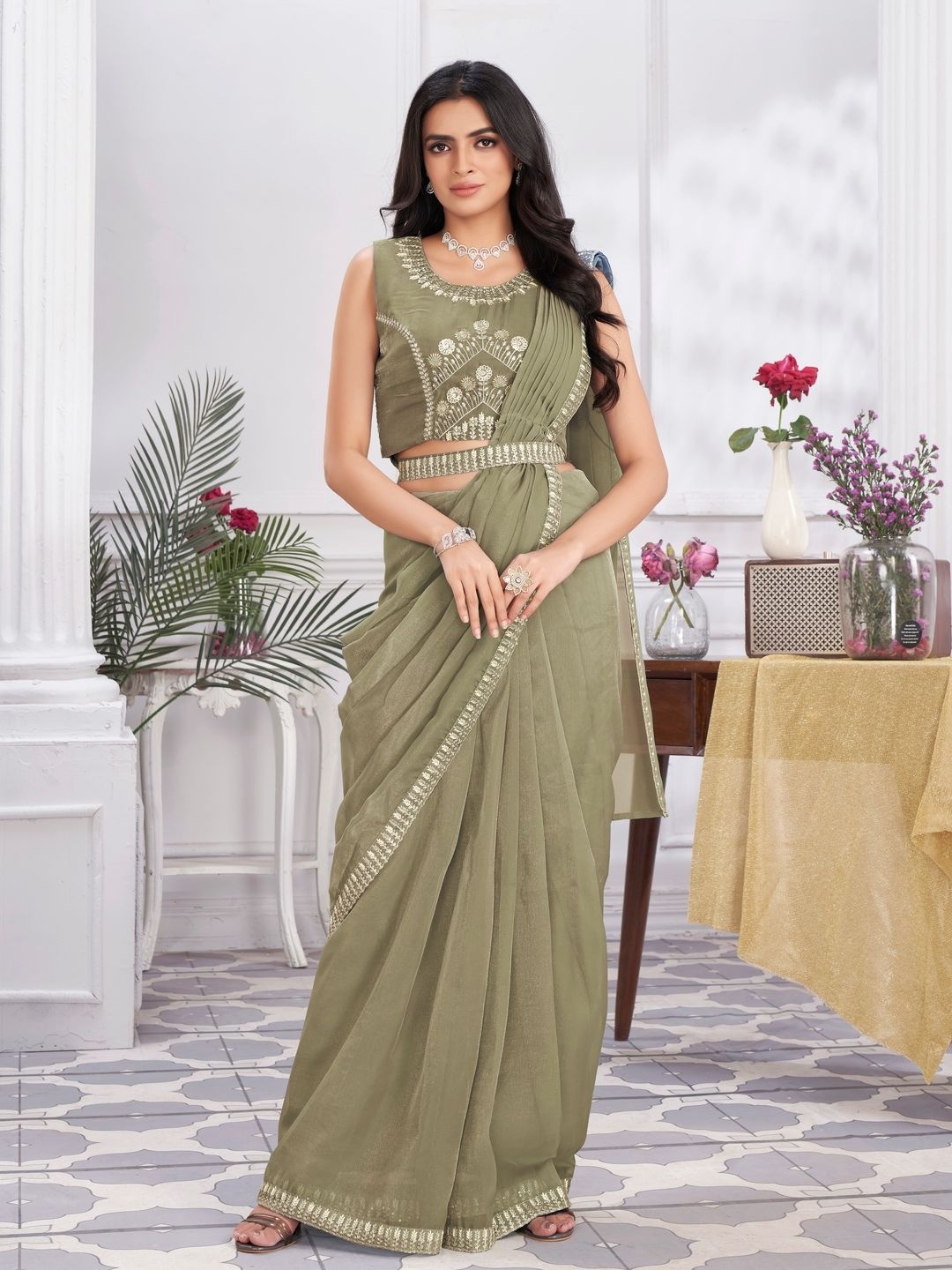 

Suha Embroidered Poly Georgette Ready to Wear Saree, Khaki