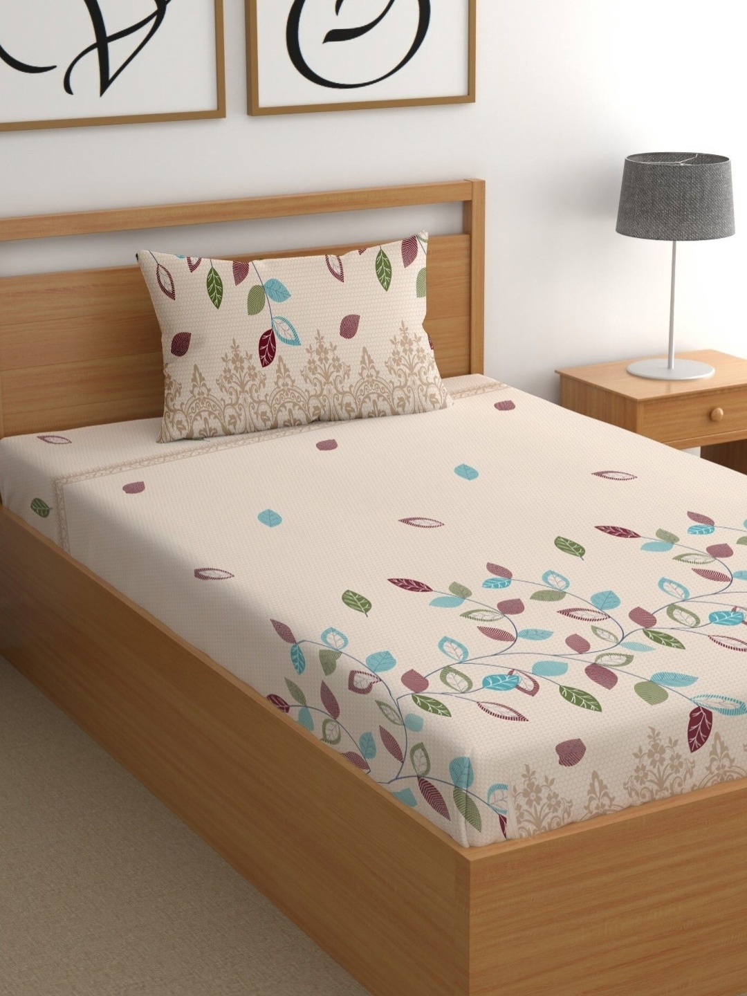 

CG HOMES Beige & Turquoise Blue Floral 180 TC Single Bedsheet with 1 Pillow Covers