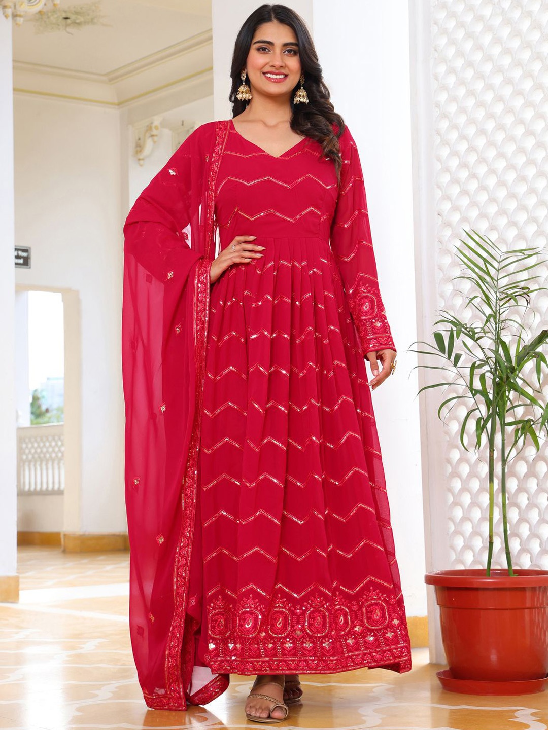 

Ethnic Yard Women Ethnic Motifs Embroidered Empire Sequinned Kurta with Trousers & With Dupatta, Pink