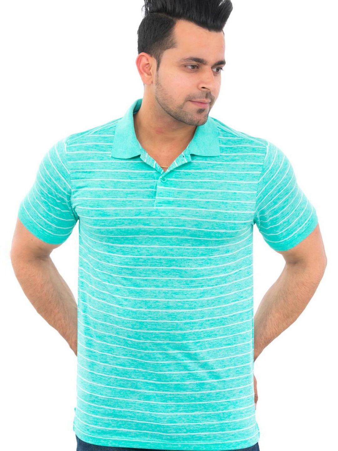 

Bishop Cotton Men Striped Polo Collar Pockets T-shirt, Sea green