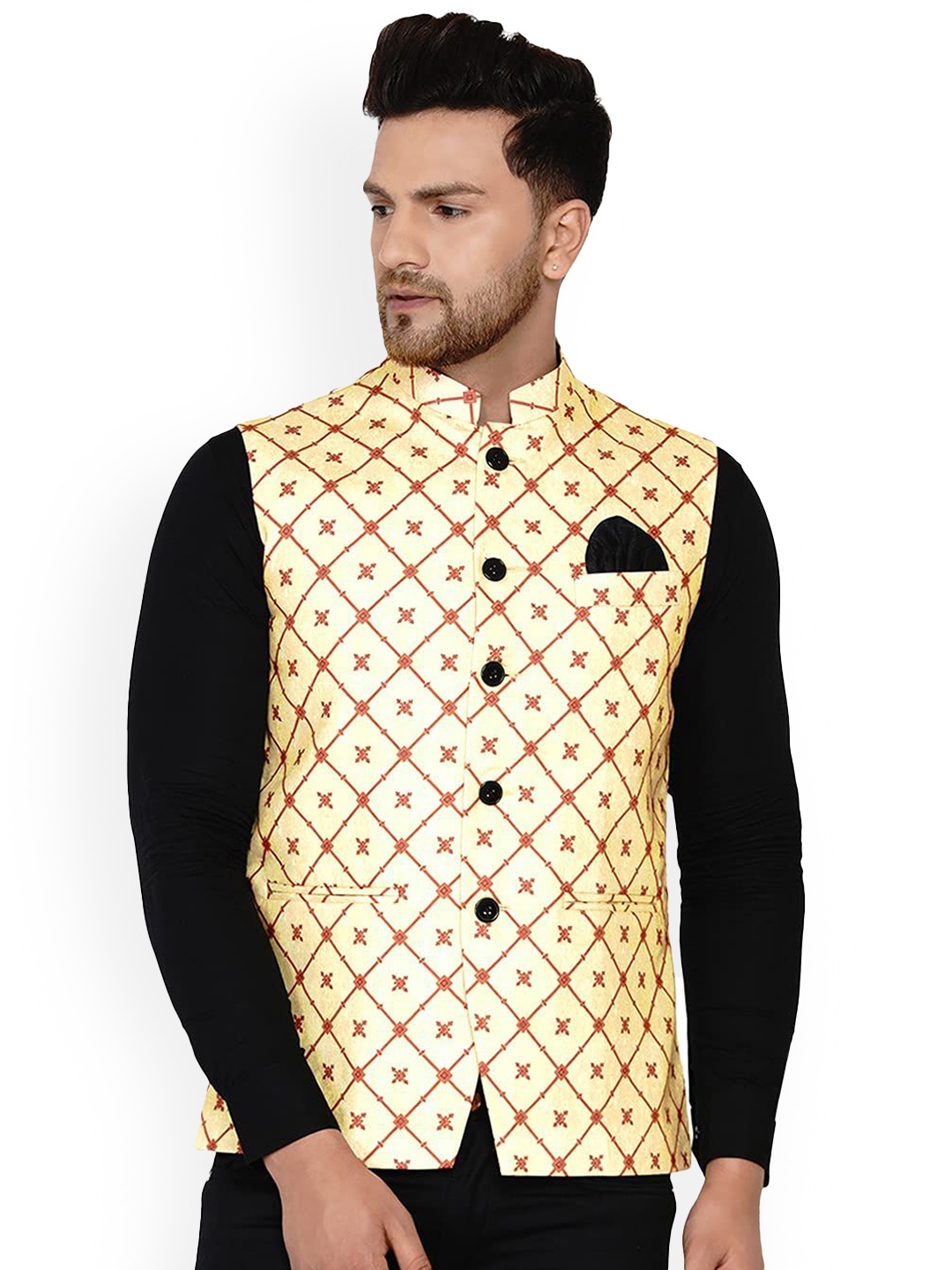 

VEERA PARIDHAAN Pure Cotton Printed Mandarin Collar Nehru Jacket, Yellow