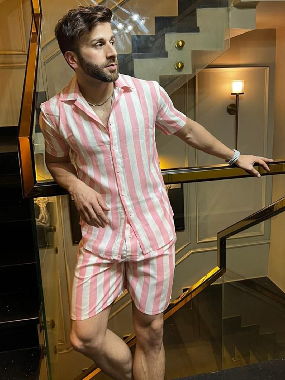 

GRITSTONES Men Stripes Pink Co-Ords