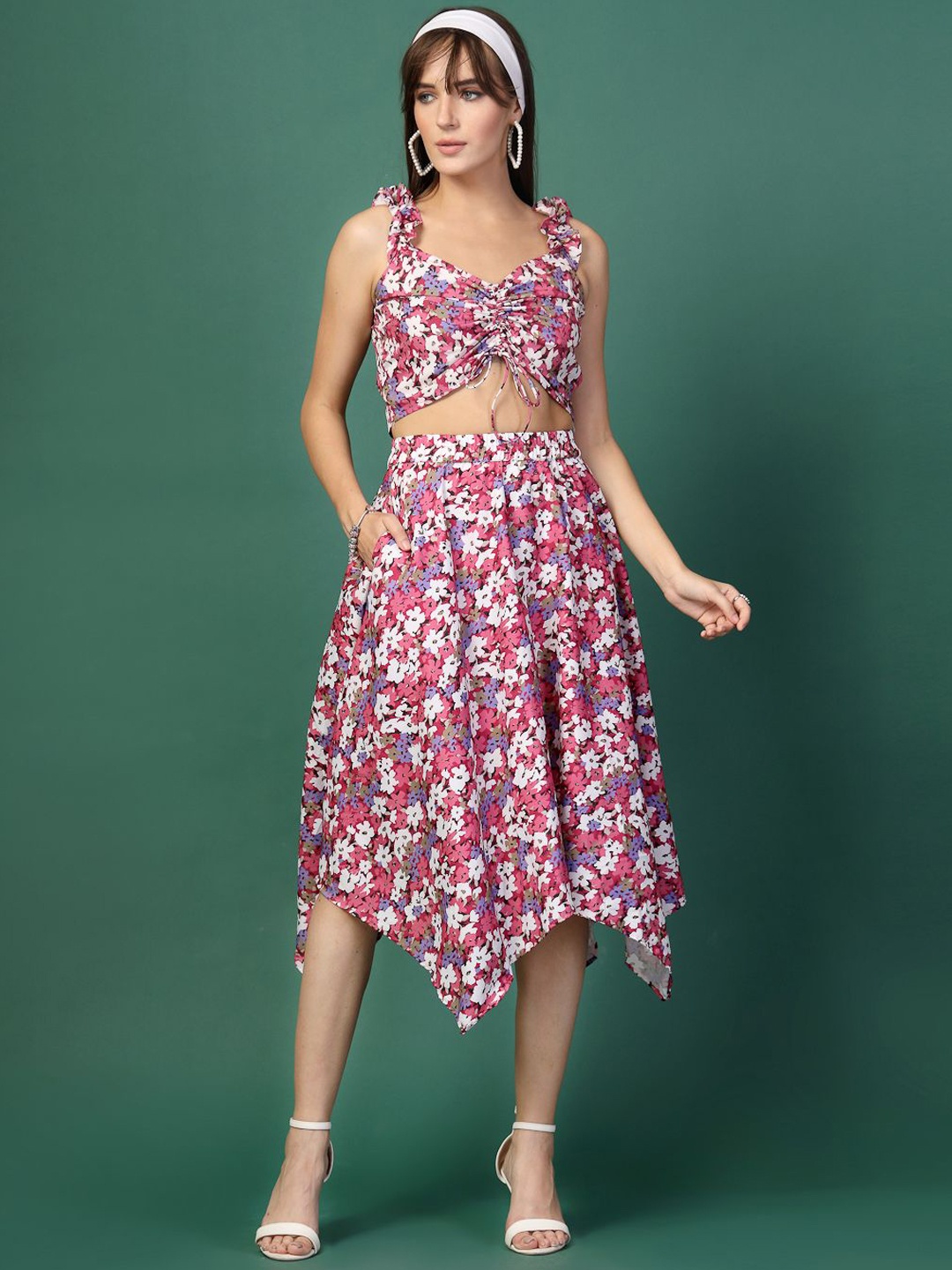 

DressBerry Printed V Neck Top With Skirt Co-Ords, Pink
