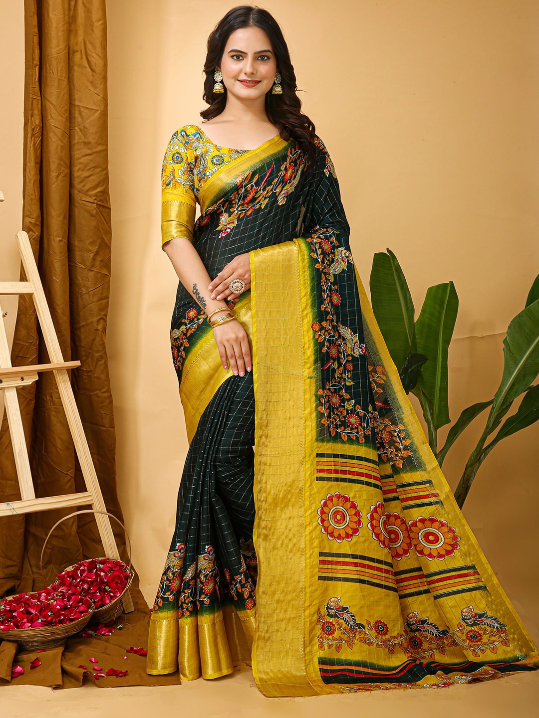 

HERE&NOW Woven Design Zari Silk Cotton Banarasi Saree, Green