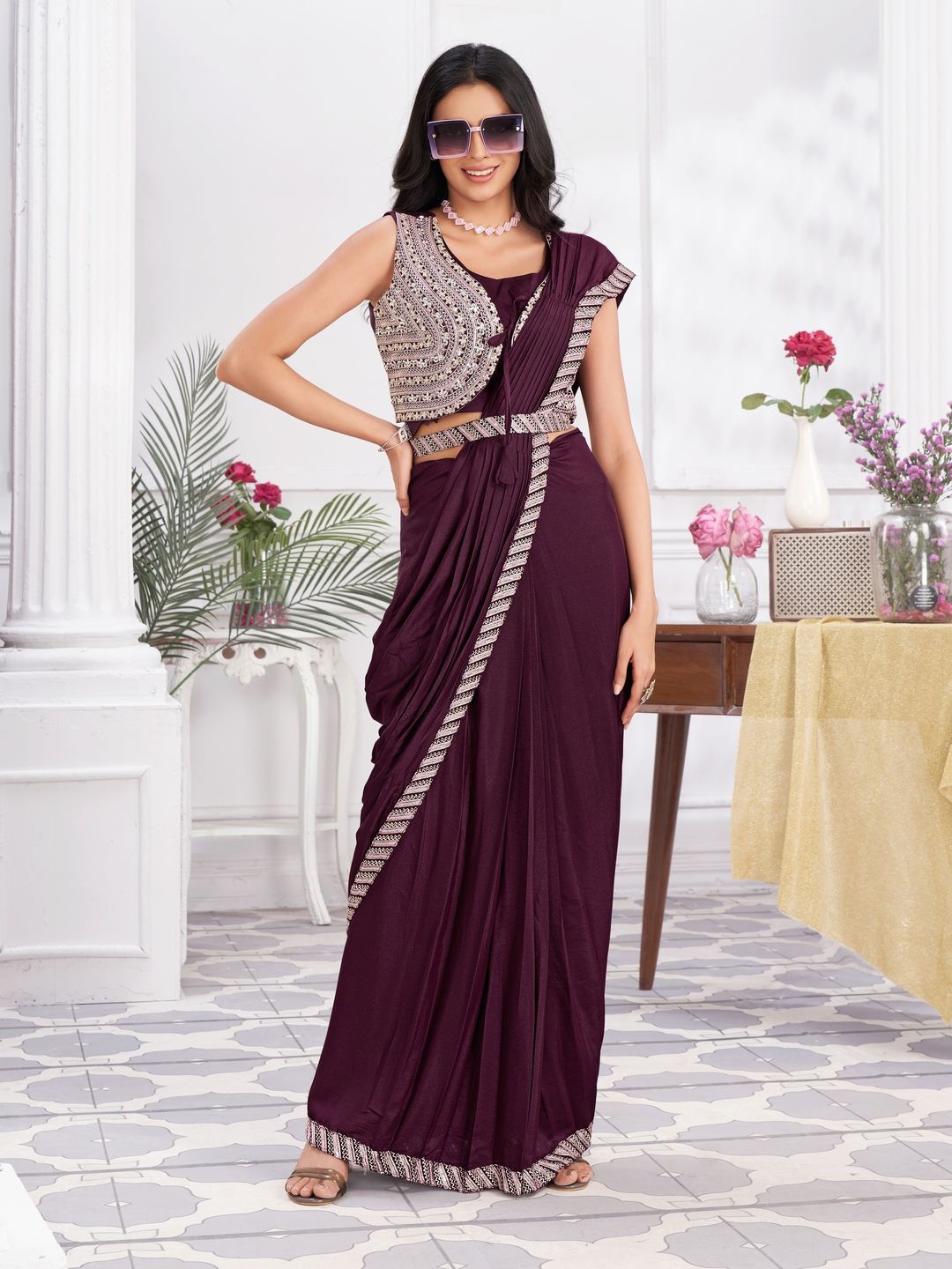 

Suha Embroidered Poly Georgette Ready to Wear Saree, Maroon