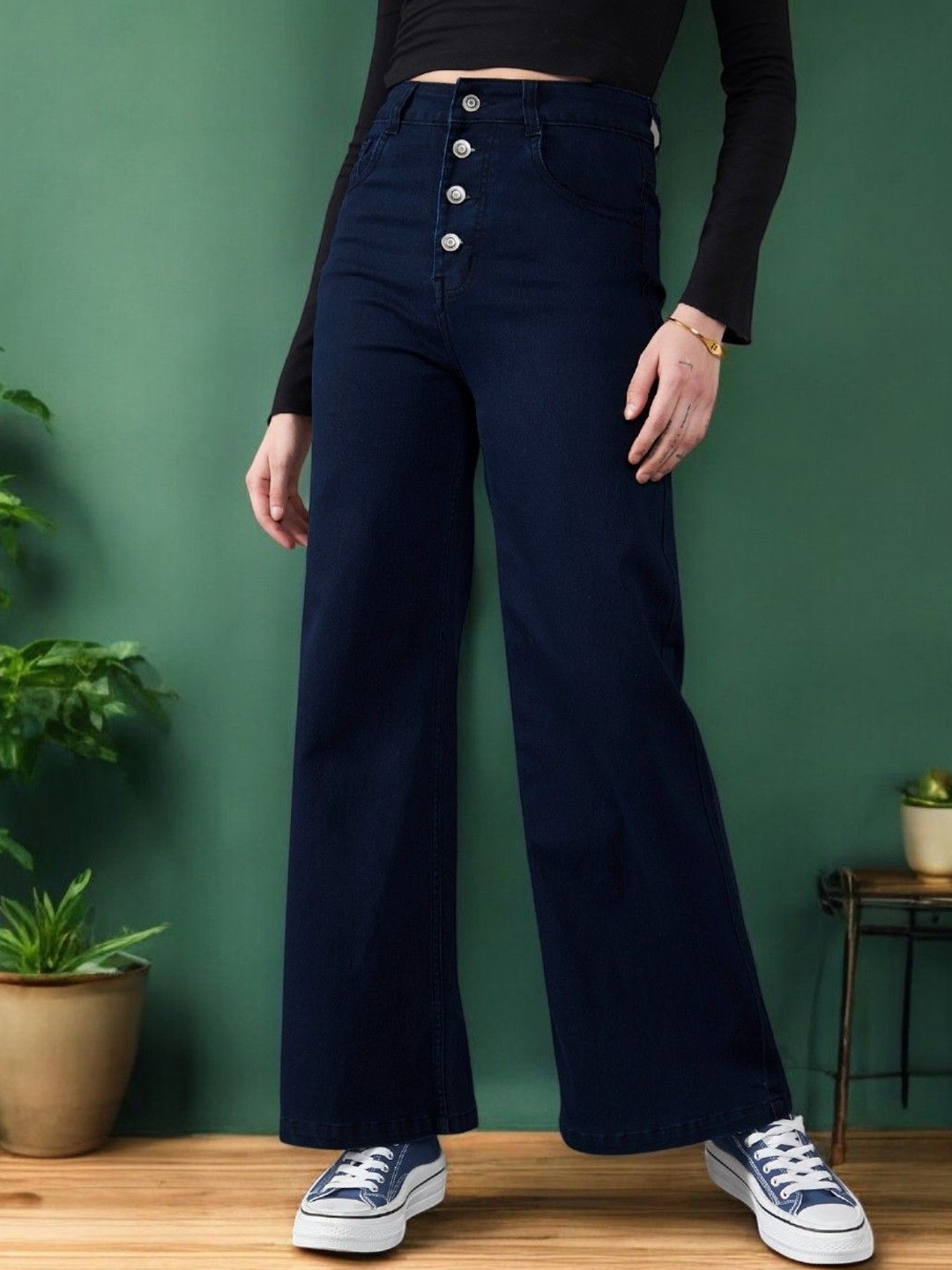 

Mast & Harbour Women Wide Leg High-Rise Stretchable Jeans, Blue