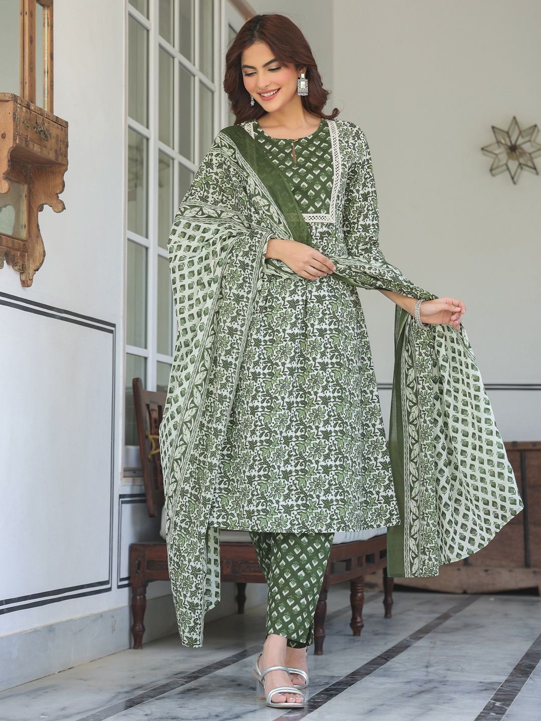

Janasya Women's Olive Green Pure Cotton Floral Printed A-line Kurta Set