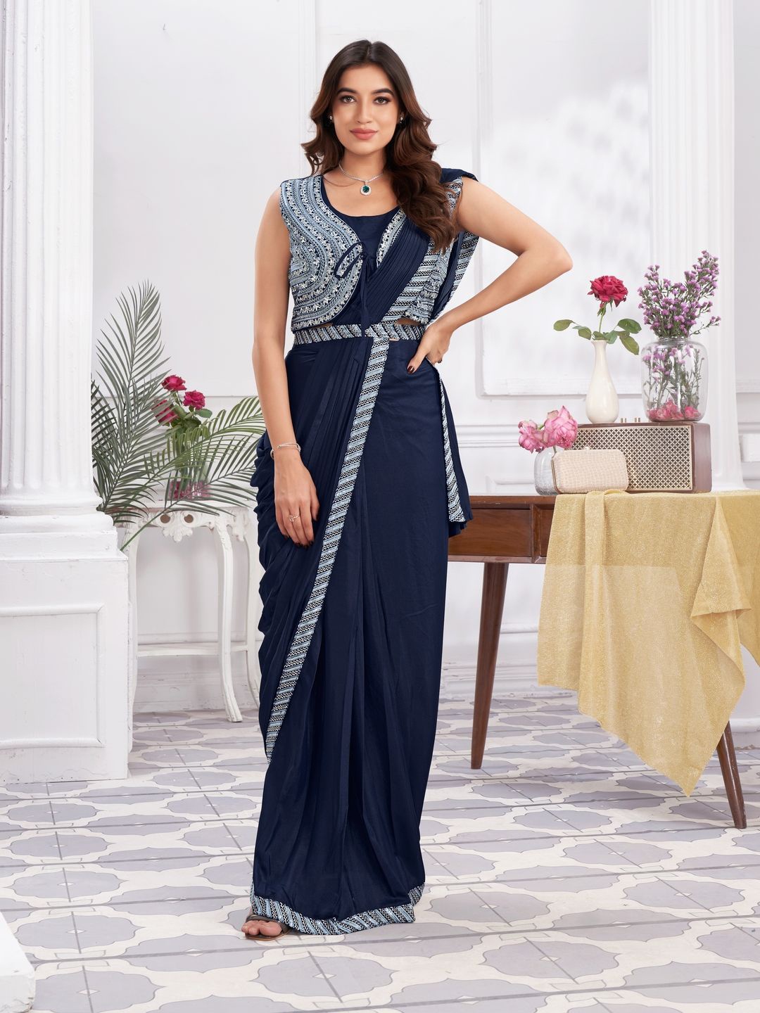 

Suha Embroidered Poly Georgette Ready to Wear Saree, Blue