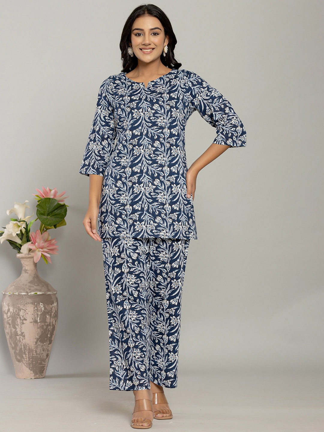 

Serenita Printed Cotton Top & Trousers Co-OrdsSet, Navy blue