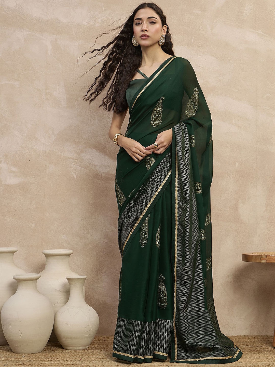 

all about you Floral Satin Designer Saree, Green