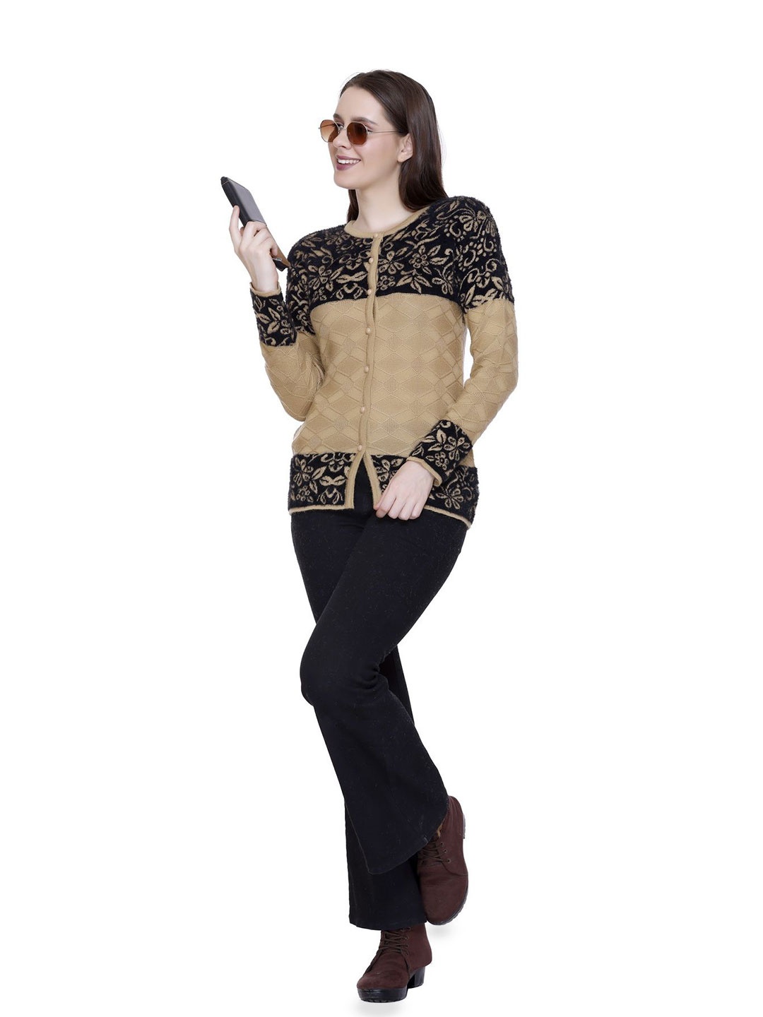 

Chatanya Women Floral Cardigan, Camel brown
