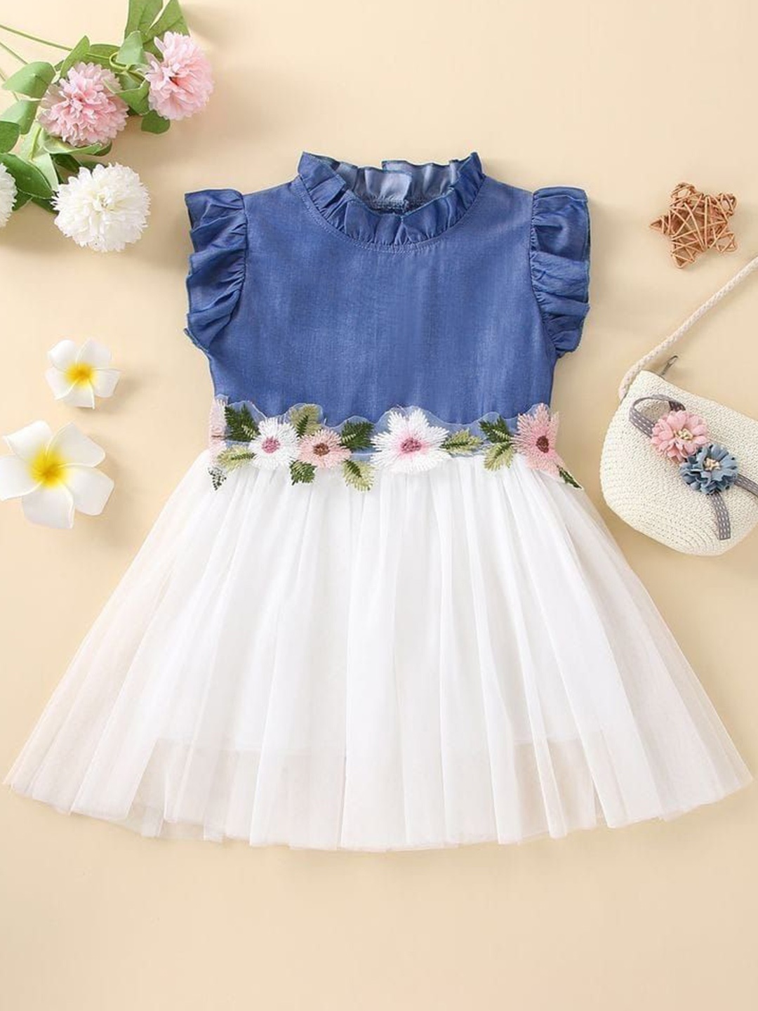 

SK DRESSES Floral Denim Fit & Flare Dress, Blue