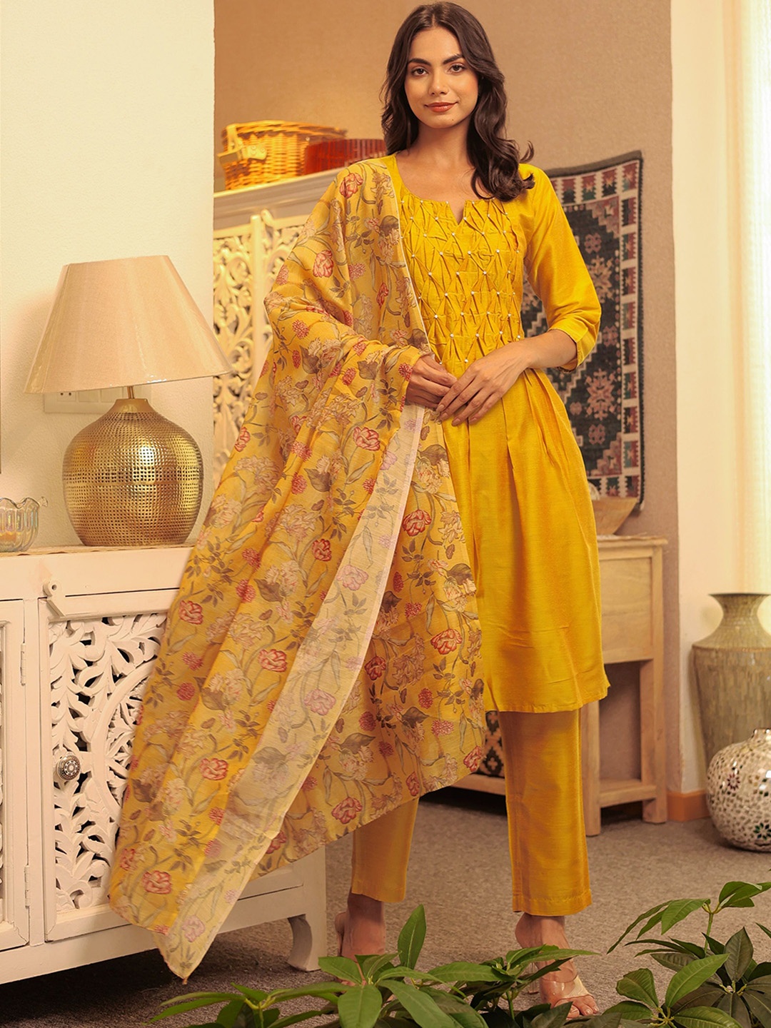 

Suhikar Women Regular Kurta with Trousers & With Dupatta, Mustard