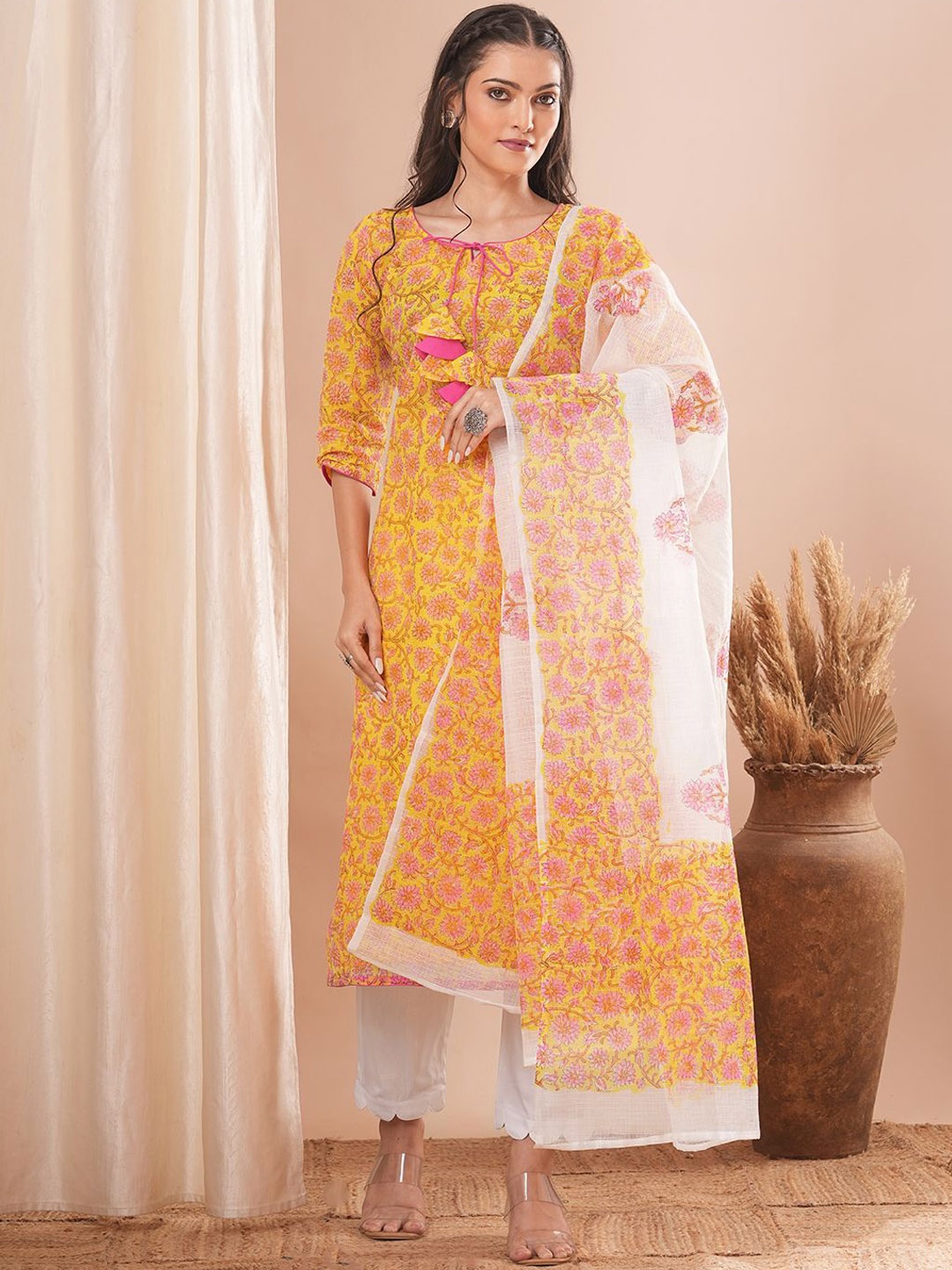 

FASHOR Women Ethnic Motifs Printed Regular Kurta with Trousers & With Dupatta, Yellow