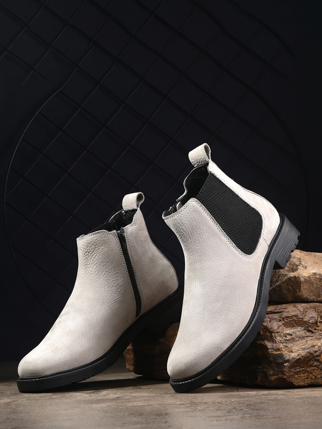 

GALEX Men Leather Mid-Top Chelsea Boots, Off white