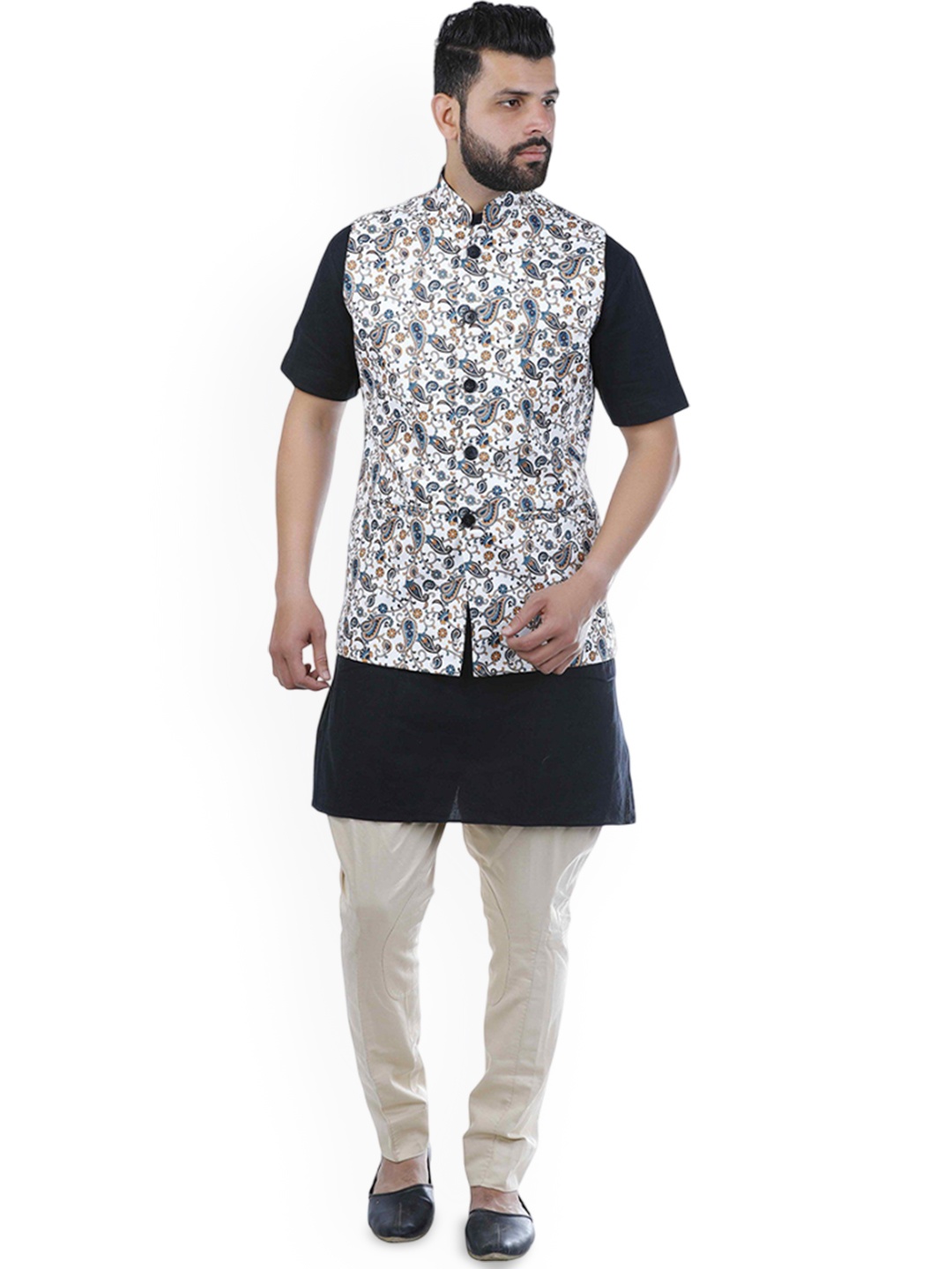 

VEERA PARIDHAAN Jute Cotton Printed Chinese Collar Nehru Jacket, White