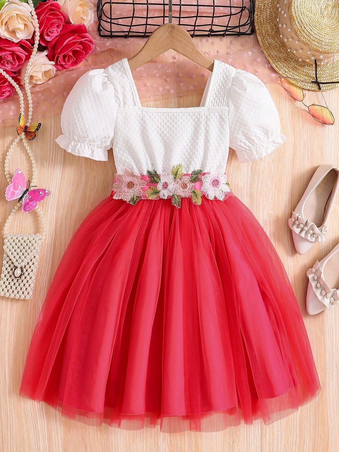 

Miss & Chief Embellished Puff Sleeve Net A-Line Dress, Red