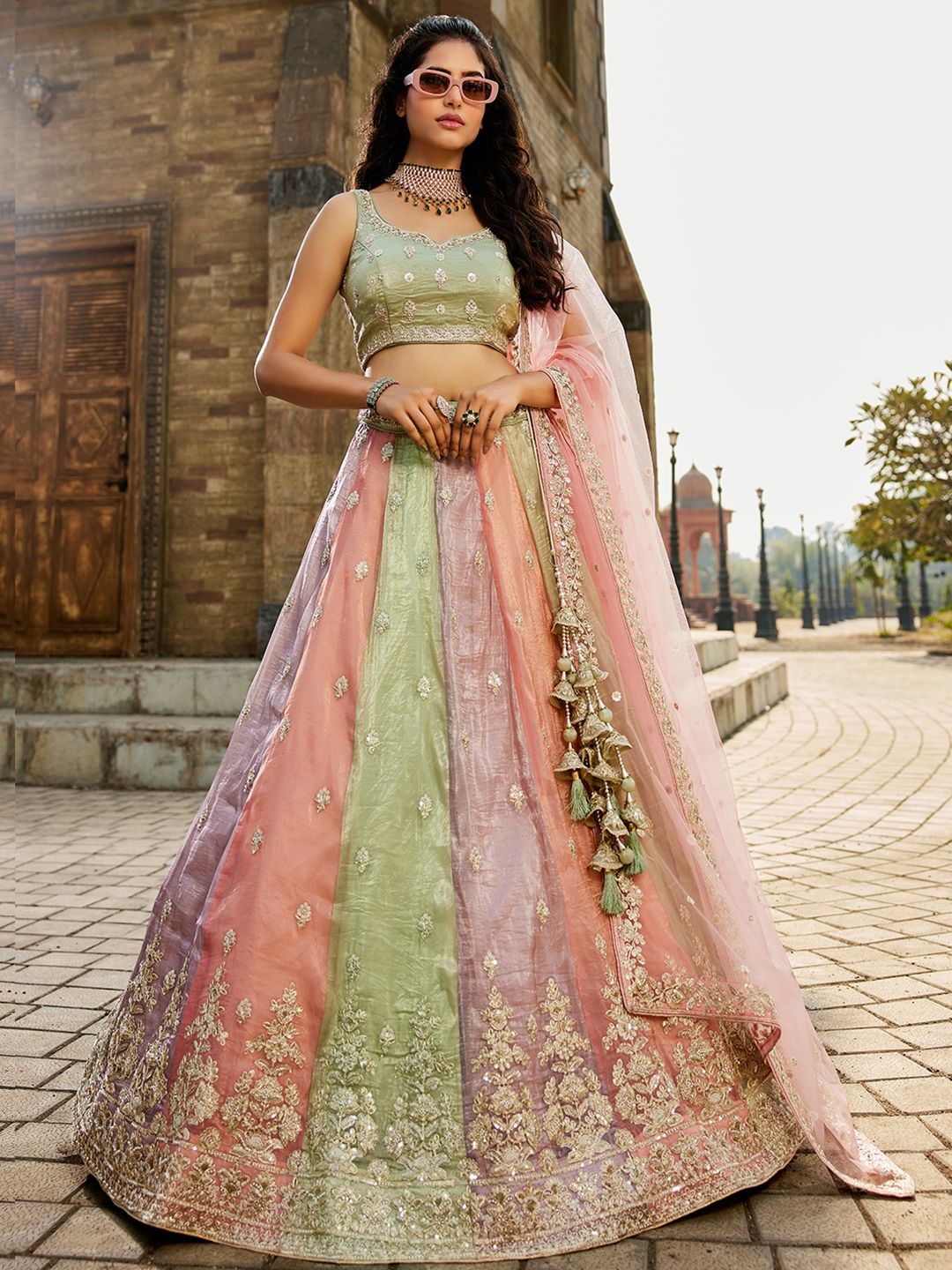 

panchhi Embroidered Beads and Stones Semi-Stitched Lehenga & Unstitched Blouse With Dupatta, Green