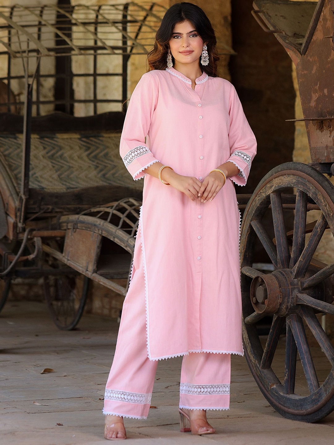 

HOUSE OF MORA Women Regular Kurta with Trousers, Pink