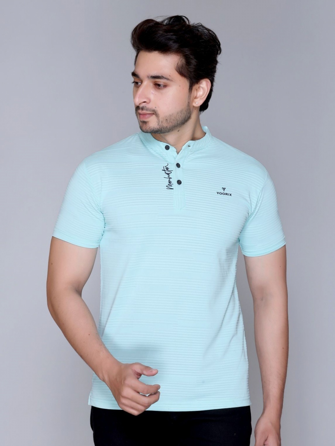 

Yoorix Men Mandarin Collar T-shirt, Blue