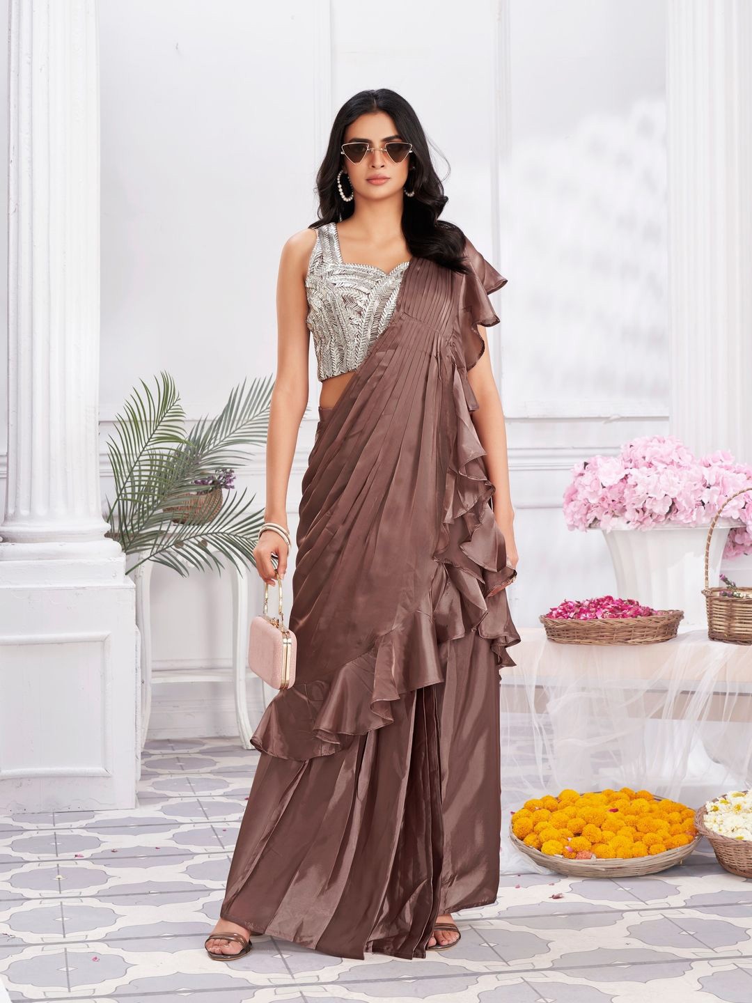 

Suha Satin Ready to Wear Saree, Coffee brown