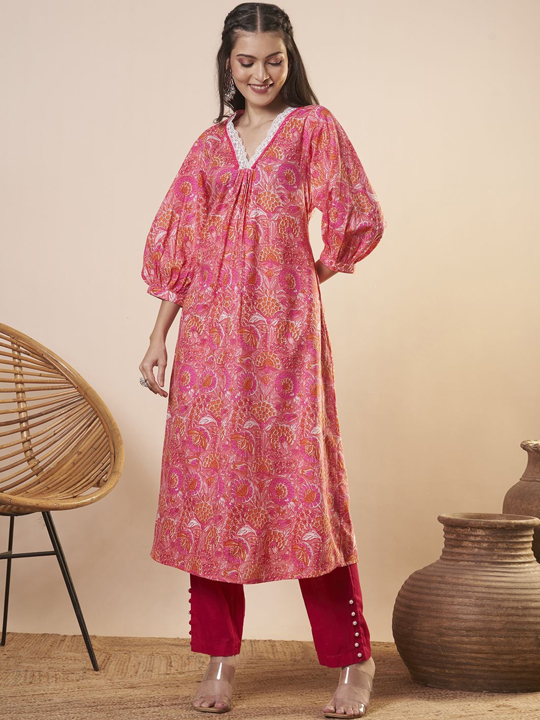 

FASHOR Women Ethnic Motifs Printed Kurta, Pink