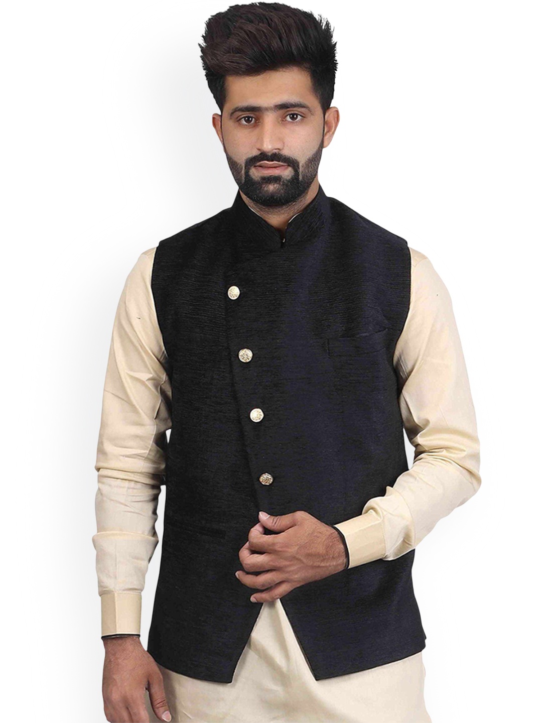 

VEERA PARIDHAAN Corduroy Chinese Collar Nehru Jackets, Black