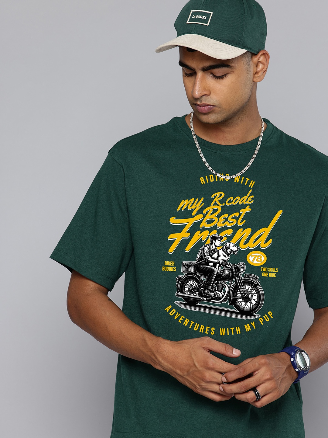 

R.Code by The Roadster Life Co. Men Biker Printed Raw Edge T-shirt, Green