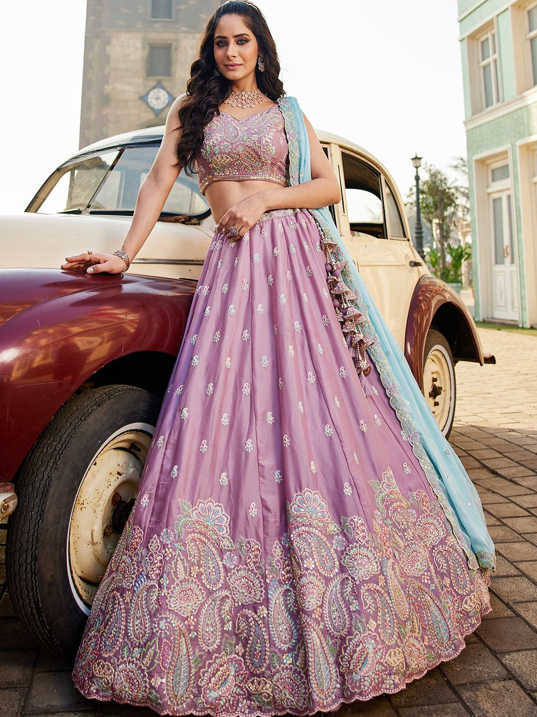 

panchhi Embroidered Beads and Stones Semi-Stitched Lehenga & Unstitched Blouse With Dupatta, Lavender