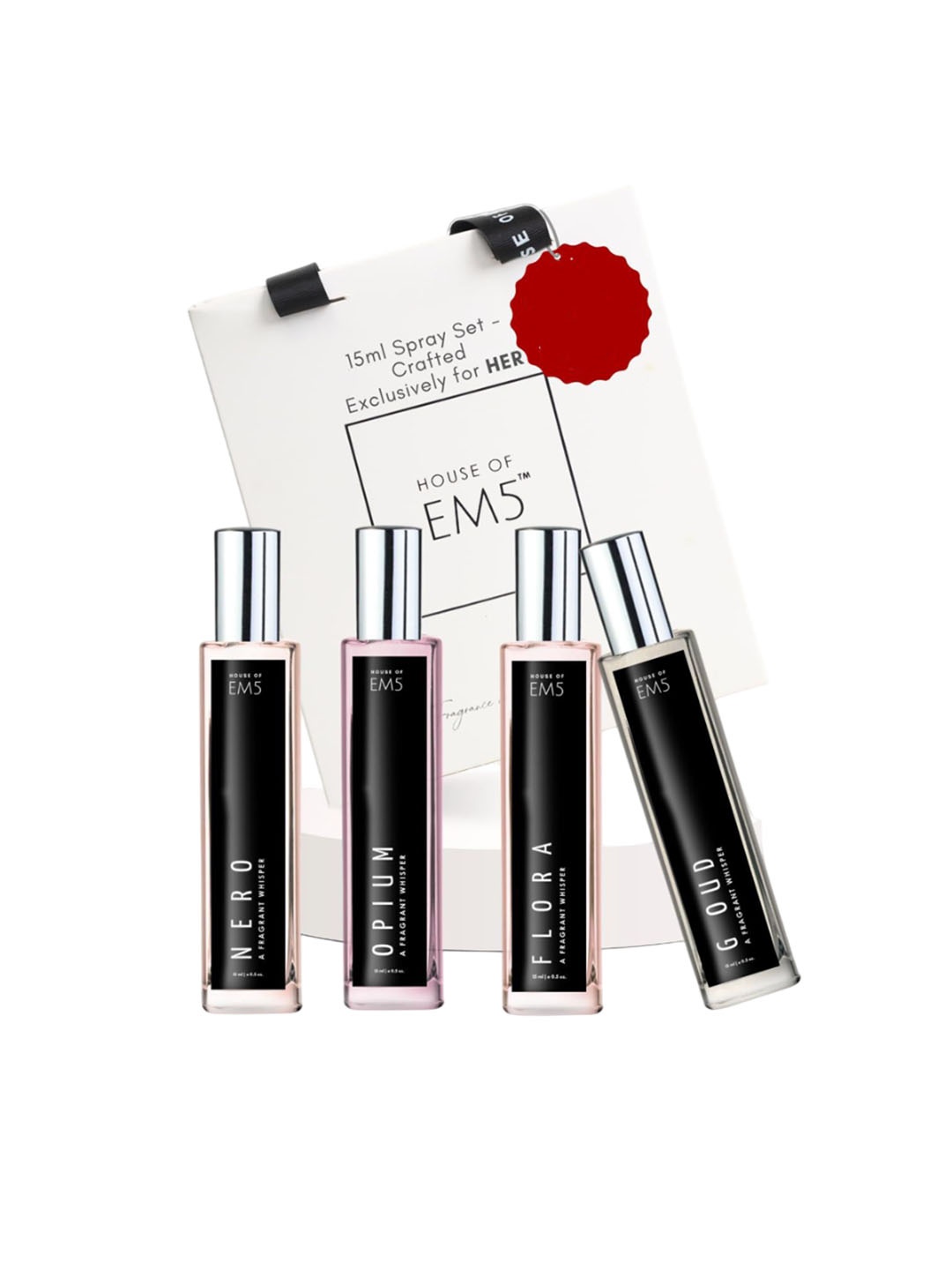 

EM5 Set Of 4 Nero- Opium- Flora- Goud Long Lasting Eau De Parfum- 15 ml Each, Black