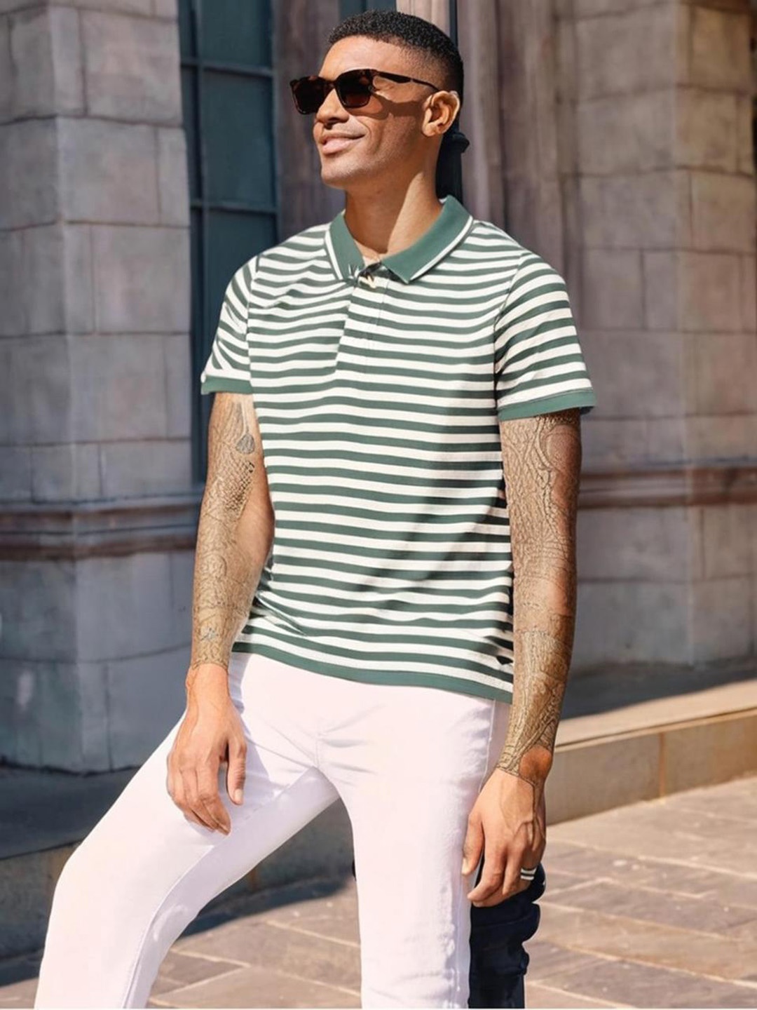 

MACK JONNEY Men Striped Polo Collar Pockets T-shirt, Green