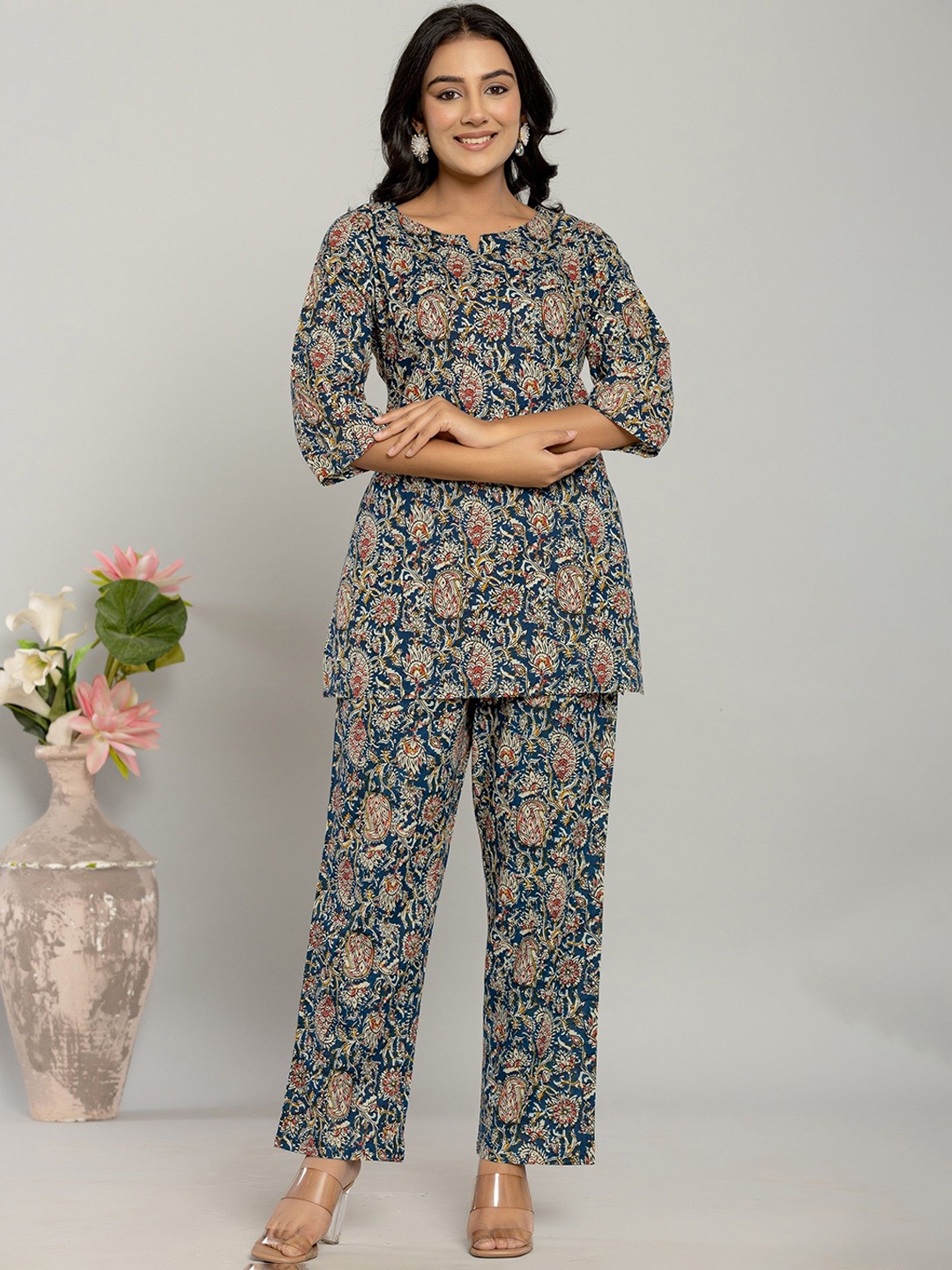 

Serenita Printed Pure Cotton Top & Trousers Co-Ords, Navy blue