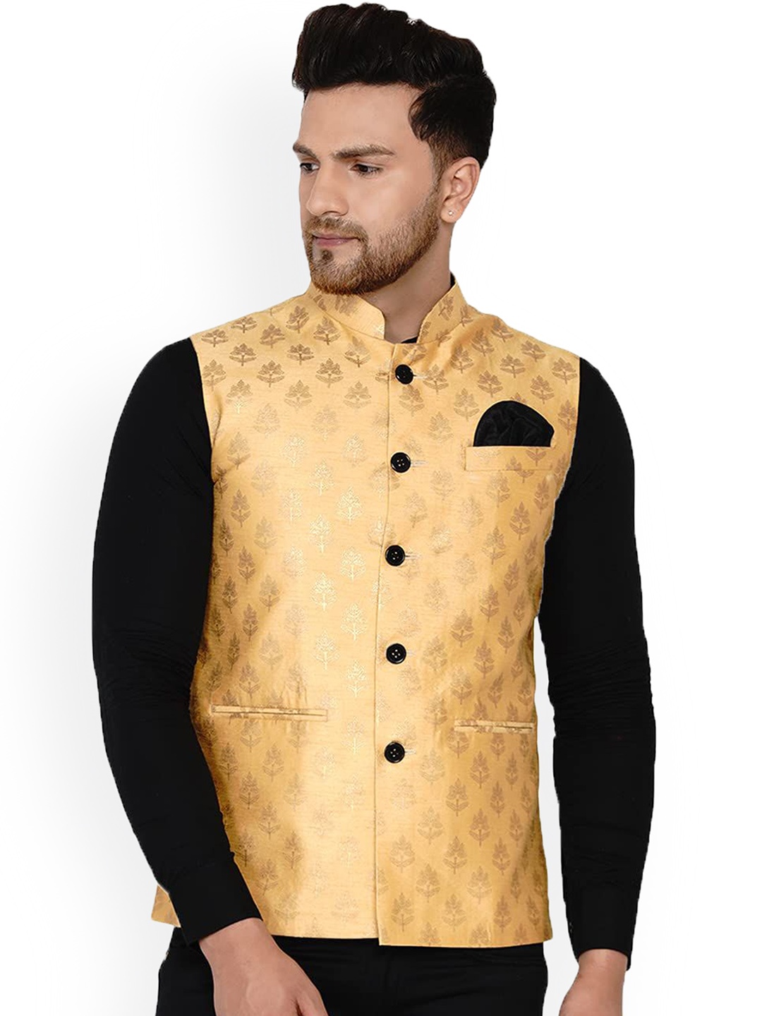

VEERA PARIDHAAN Printed Banarasi Design Mandarin Collar Nehru Jackets, Gold