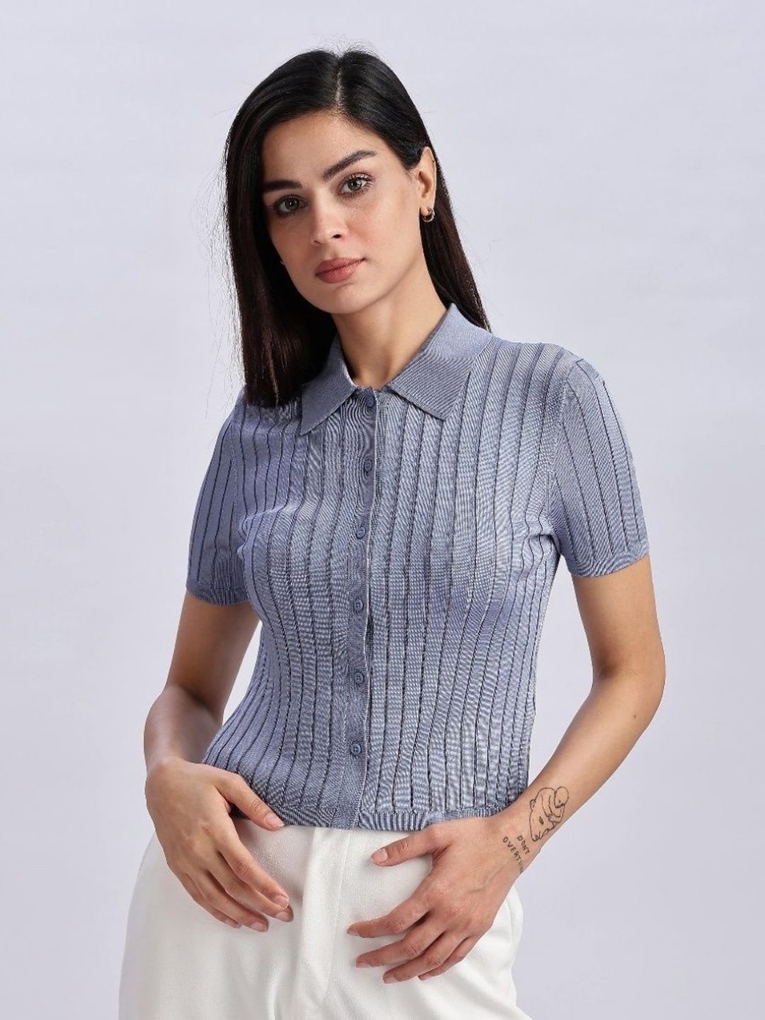 

Calvin Klein Jeans Women Printed Polo Collar Slim Fit T-shirt, Blue