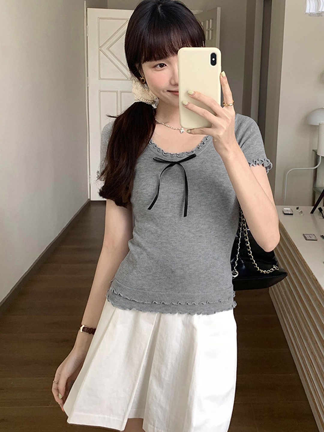 

LULU & SKY Women Colourblocked Henley Neck Slim Fit T-shirt, Grey