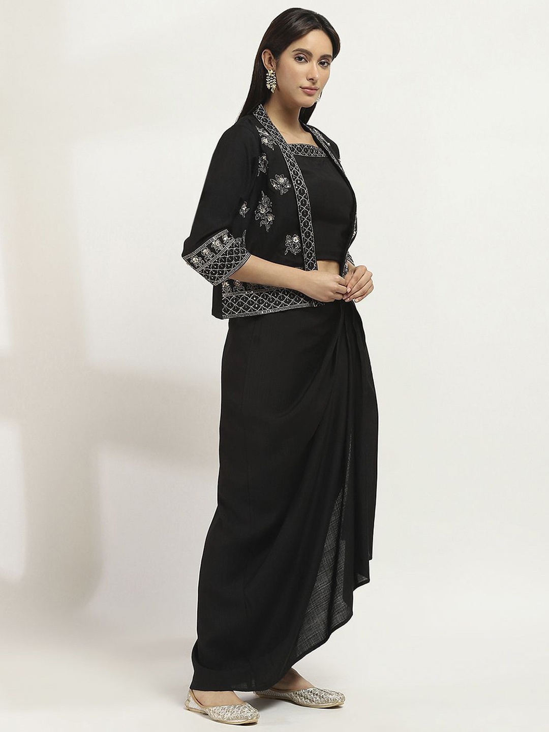 

Rangriti Embroidered Sequined Crop Top With Skirt & Jacket Co-Ords, Black
