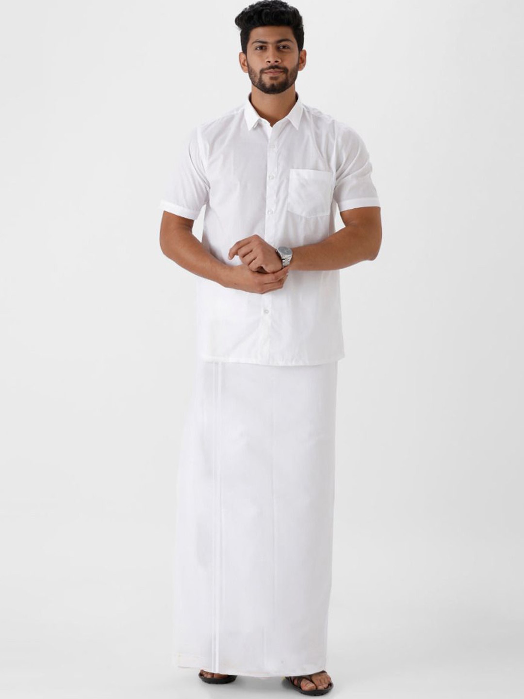 

RAMRAJ COTTON Men Small Border Double Layer Dhoti, White