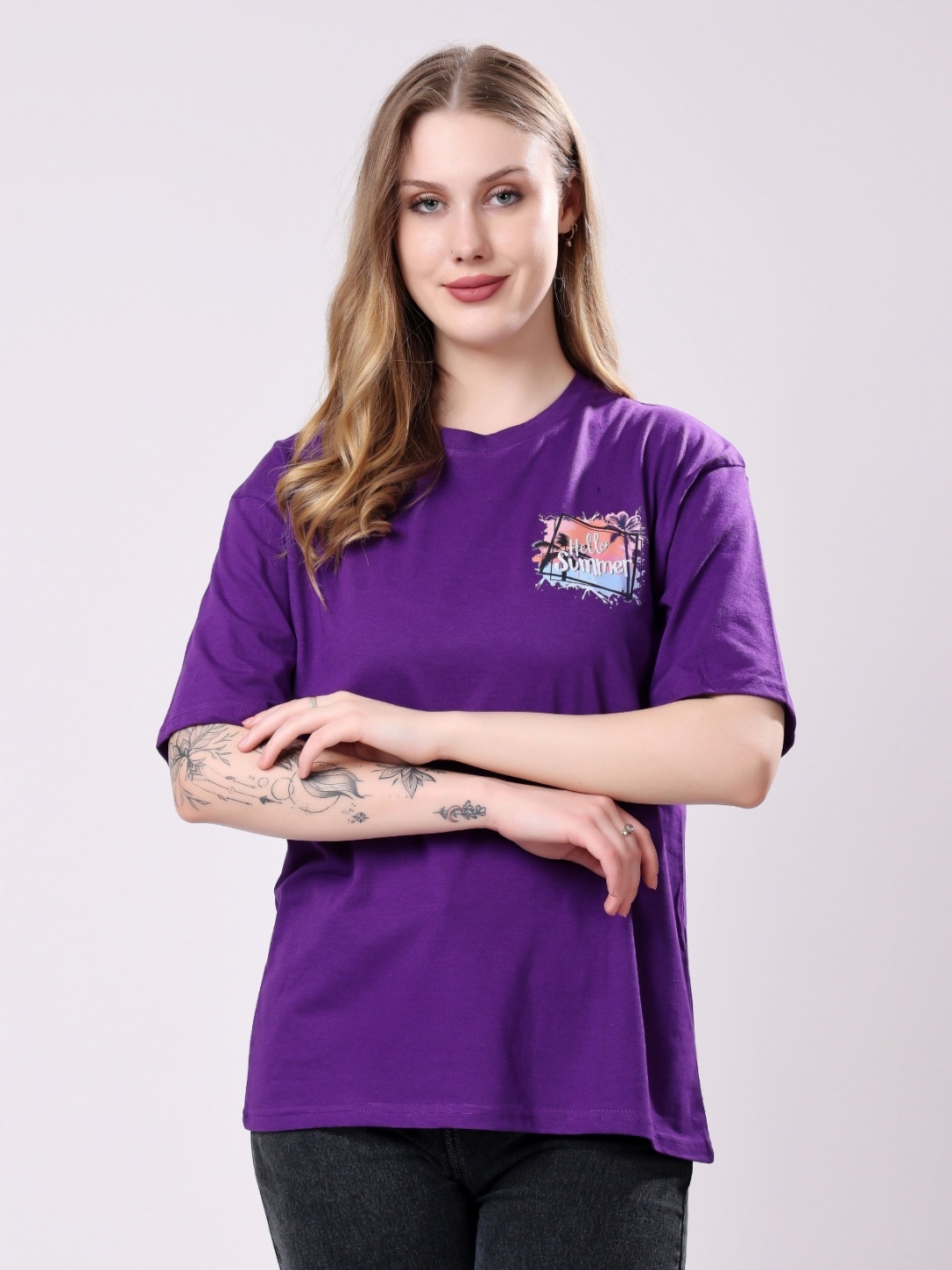 

London Hills Women Printed Drop-Shoulder Sleeves T-shirt, Purple