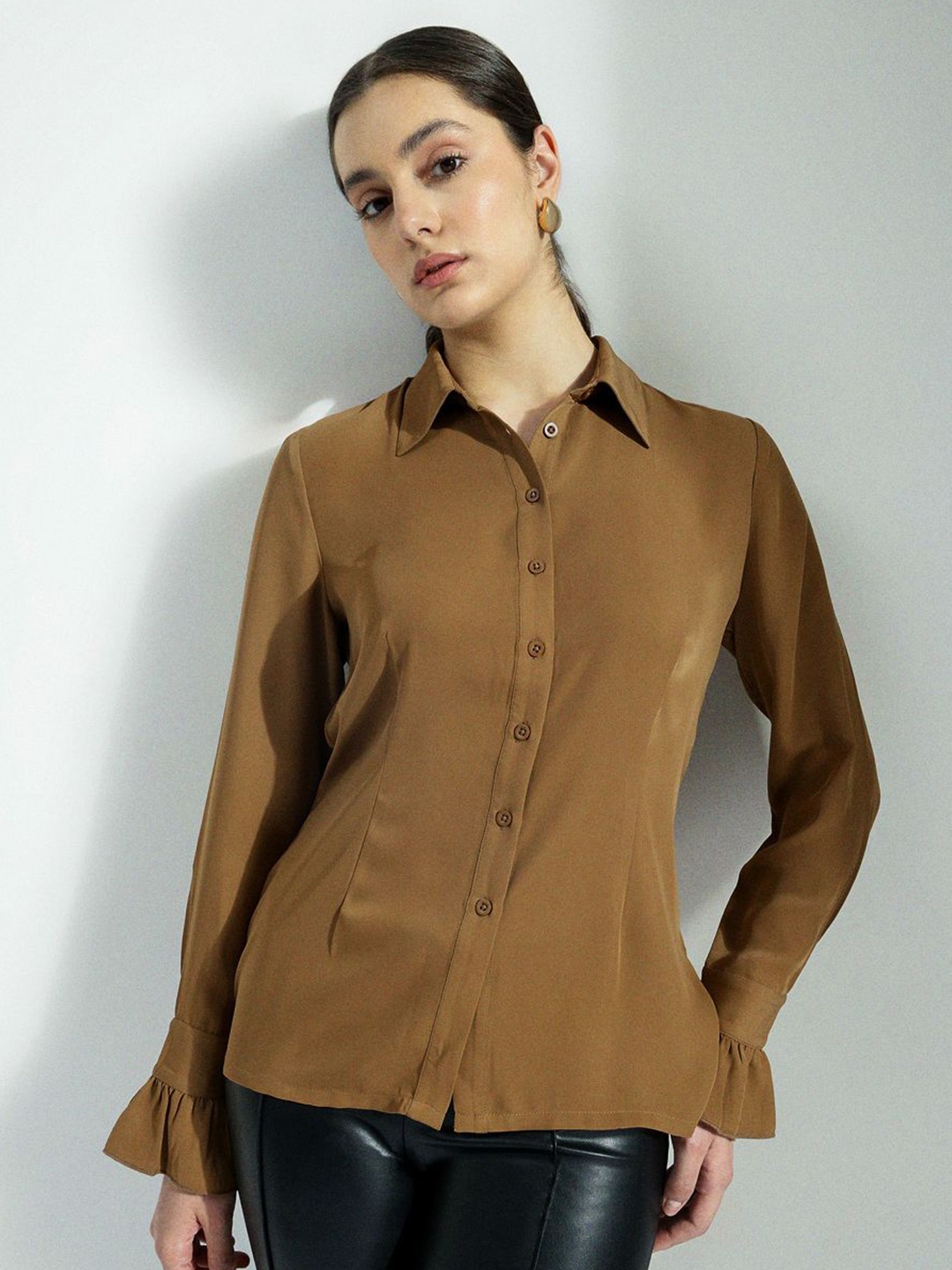 

H&M Ruffled Sleeve Shirt, Brown