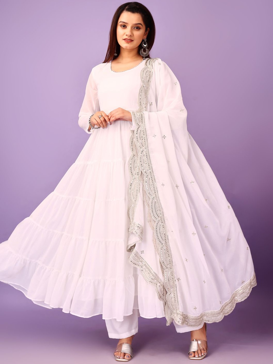 

Anara Tiered Kurta with Trousers & With Dupatta, White