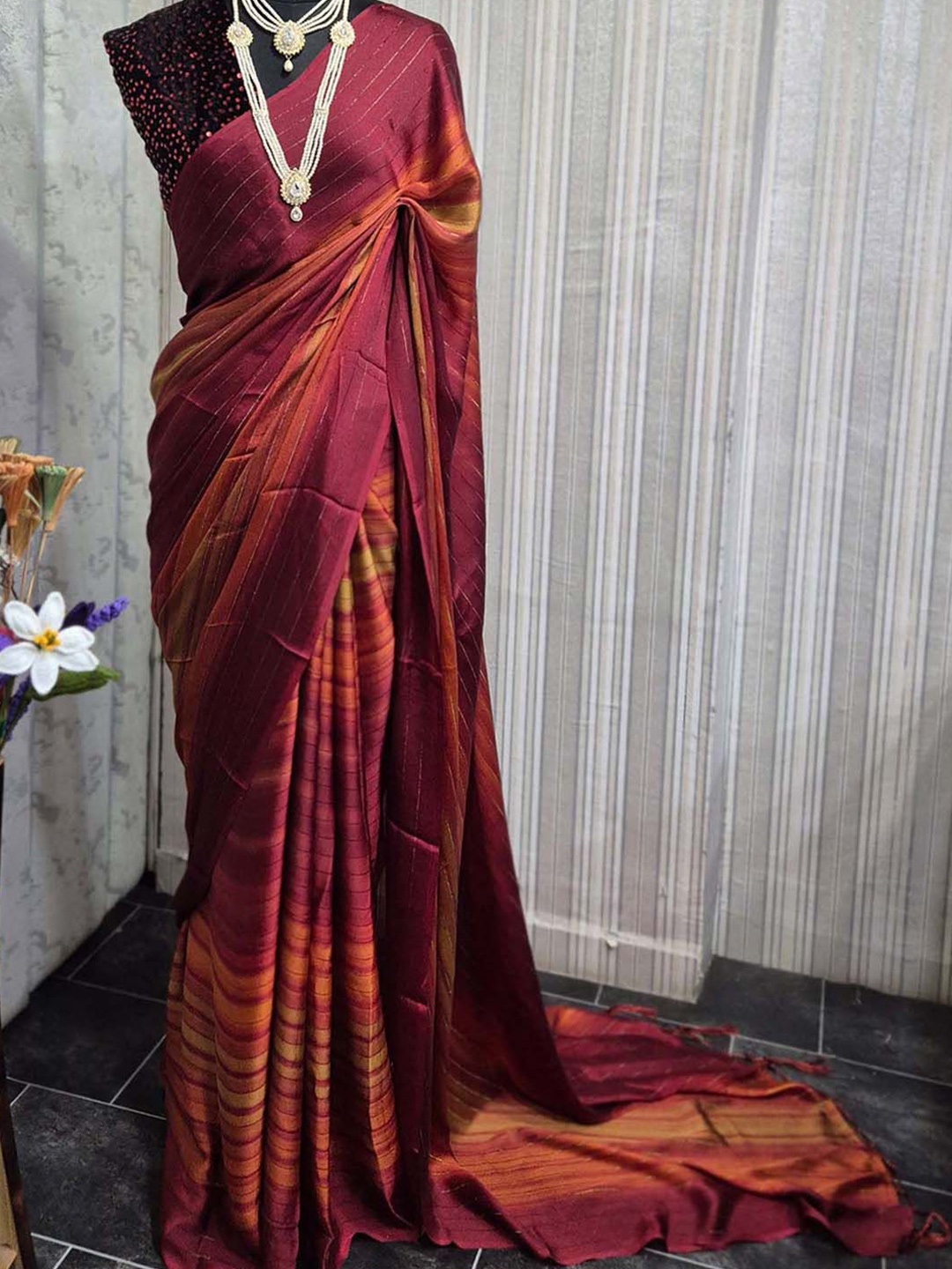 

Anouk Rustic Striped Poly Georgette Saree, Rust