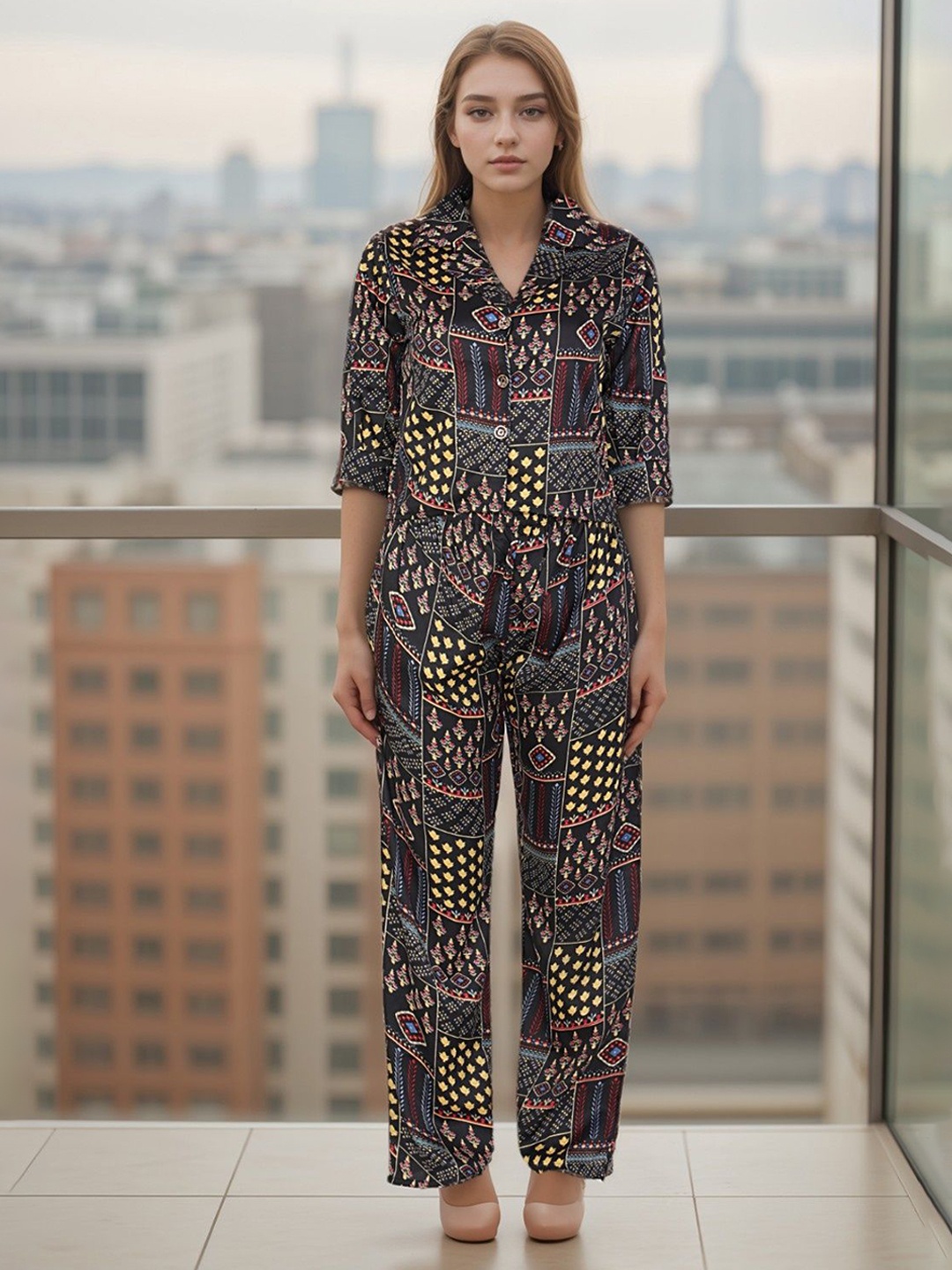 

Belfry Printed Shirt with Palazzos, Black