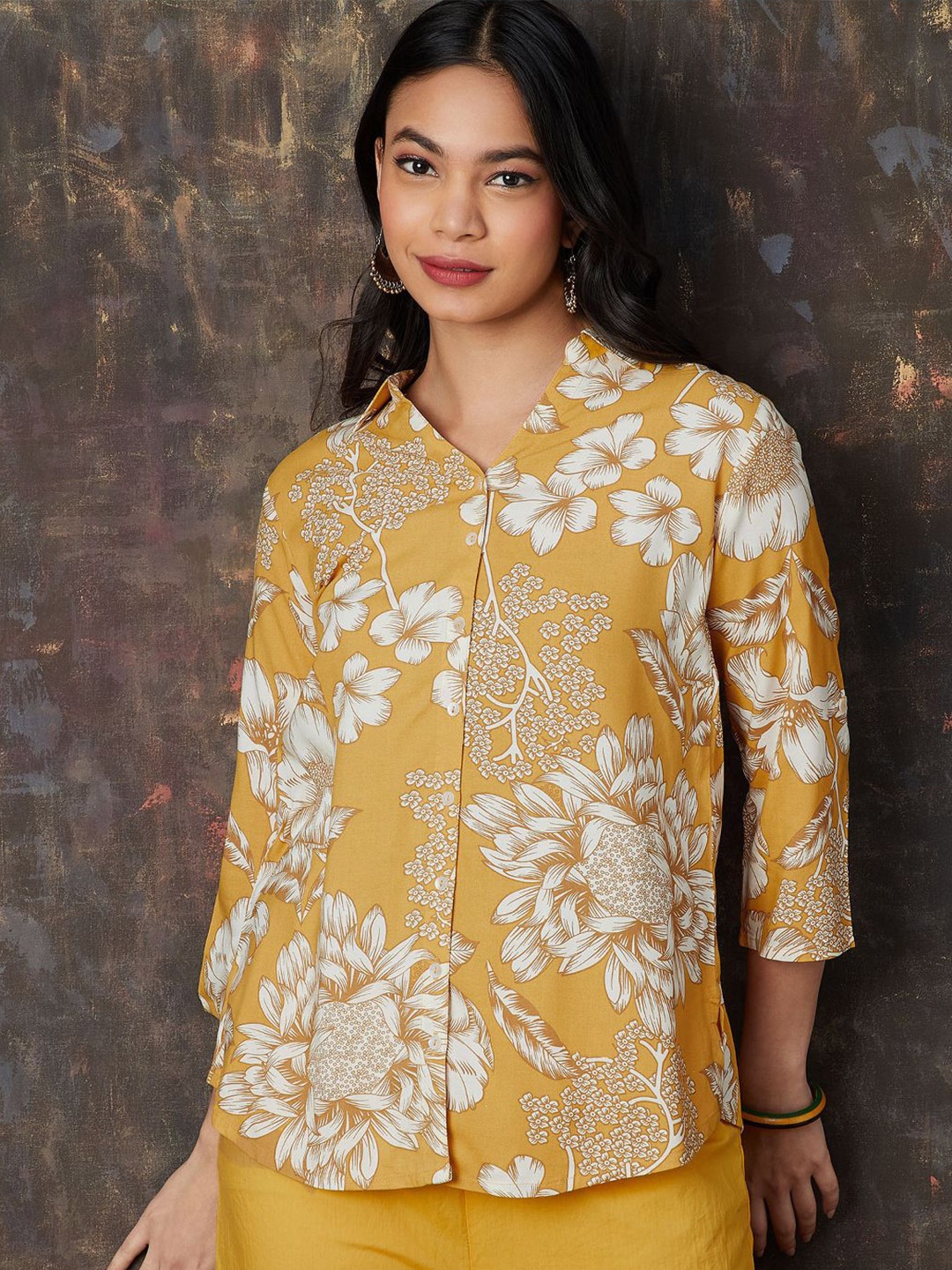 

Melange by Lifestyle Floral Printed Shirt Collar Neck Tunic, Mustard