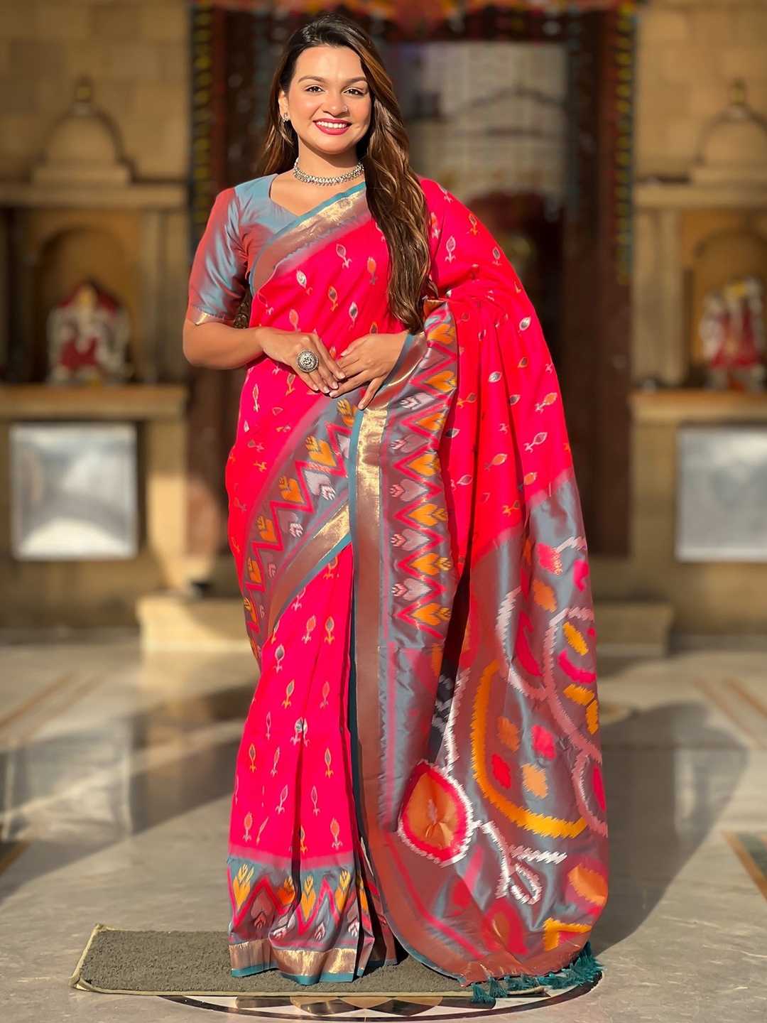 

Mitera Ethnic Motifs Zari Silk Blend Ikat Saree, Pink