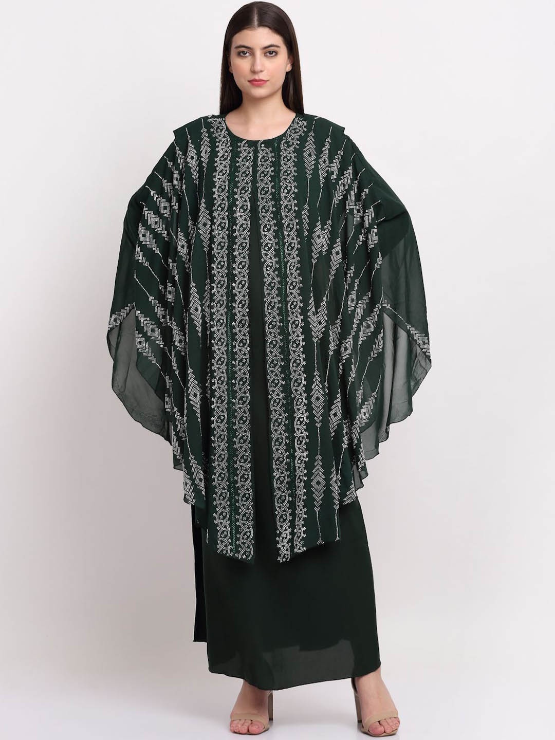 

Arrabi Embellished Detail Round Neck Indian Ethnic Burqa With Scarf, Green