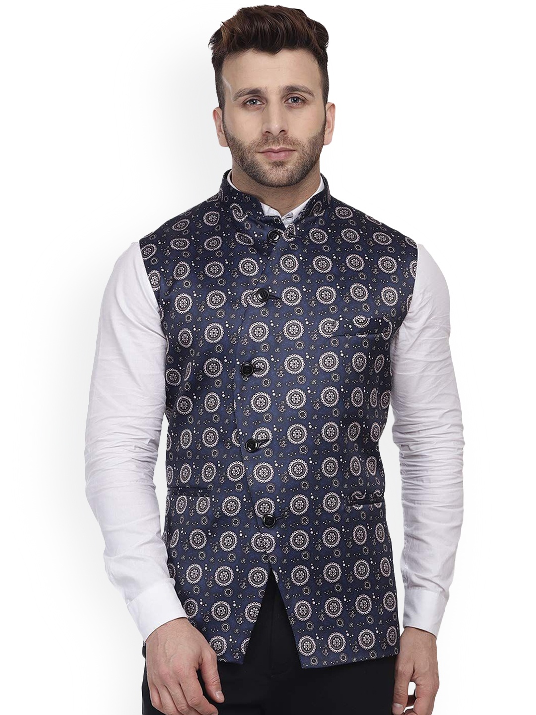 

VEERA PARIDHAAN Satin Printed Nehru Jackets, Blue