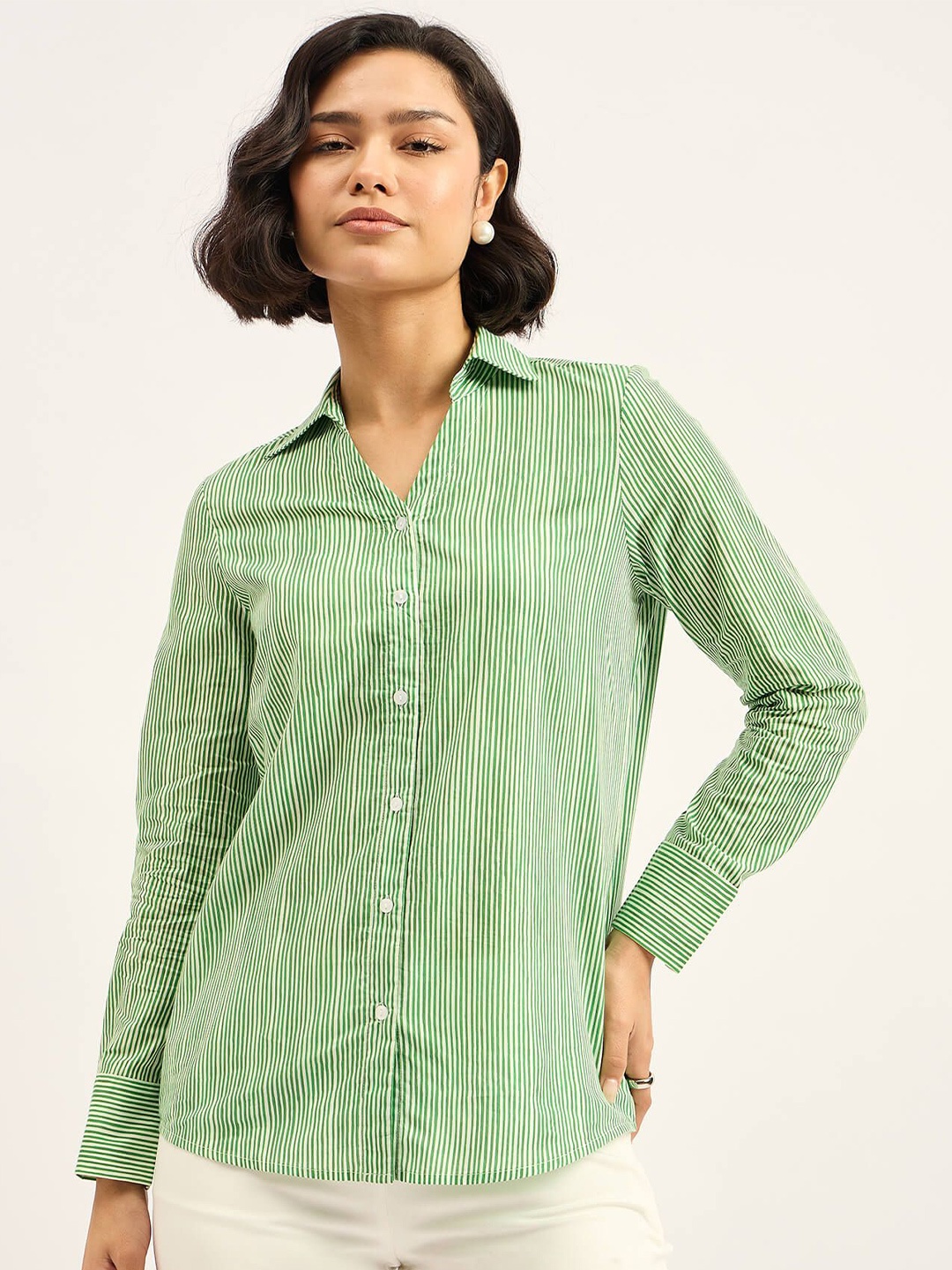 

SALT ATTIRE Women Classic Opaque Striped Casual Shirt, Green